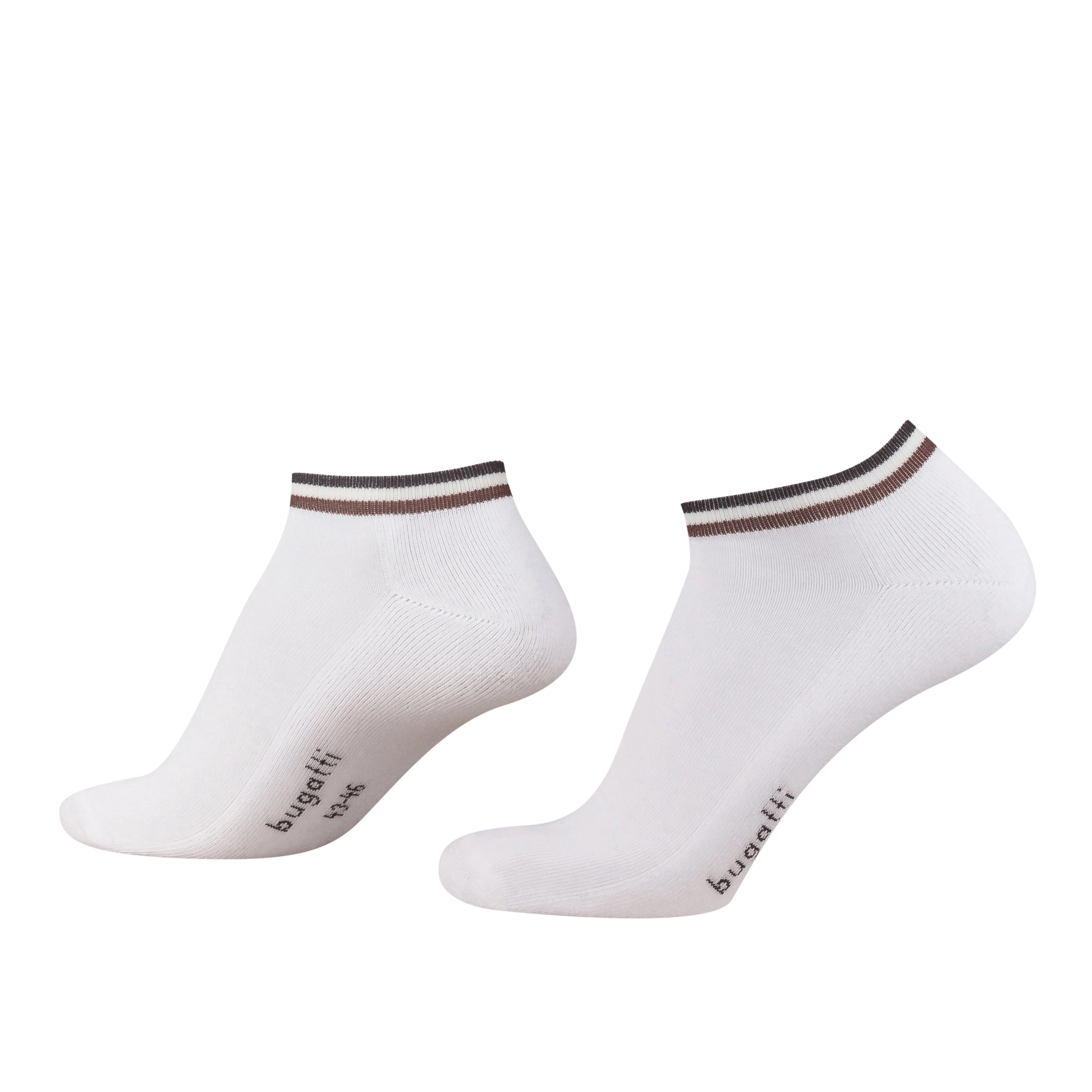 Weiße bugatti Sneakersocken mit braunem Streifenmuster, Büstenbild.