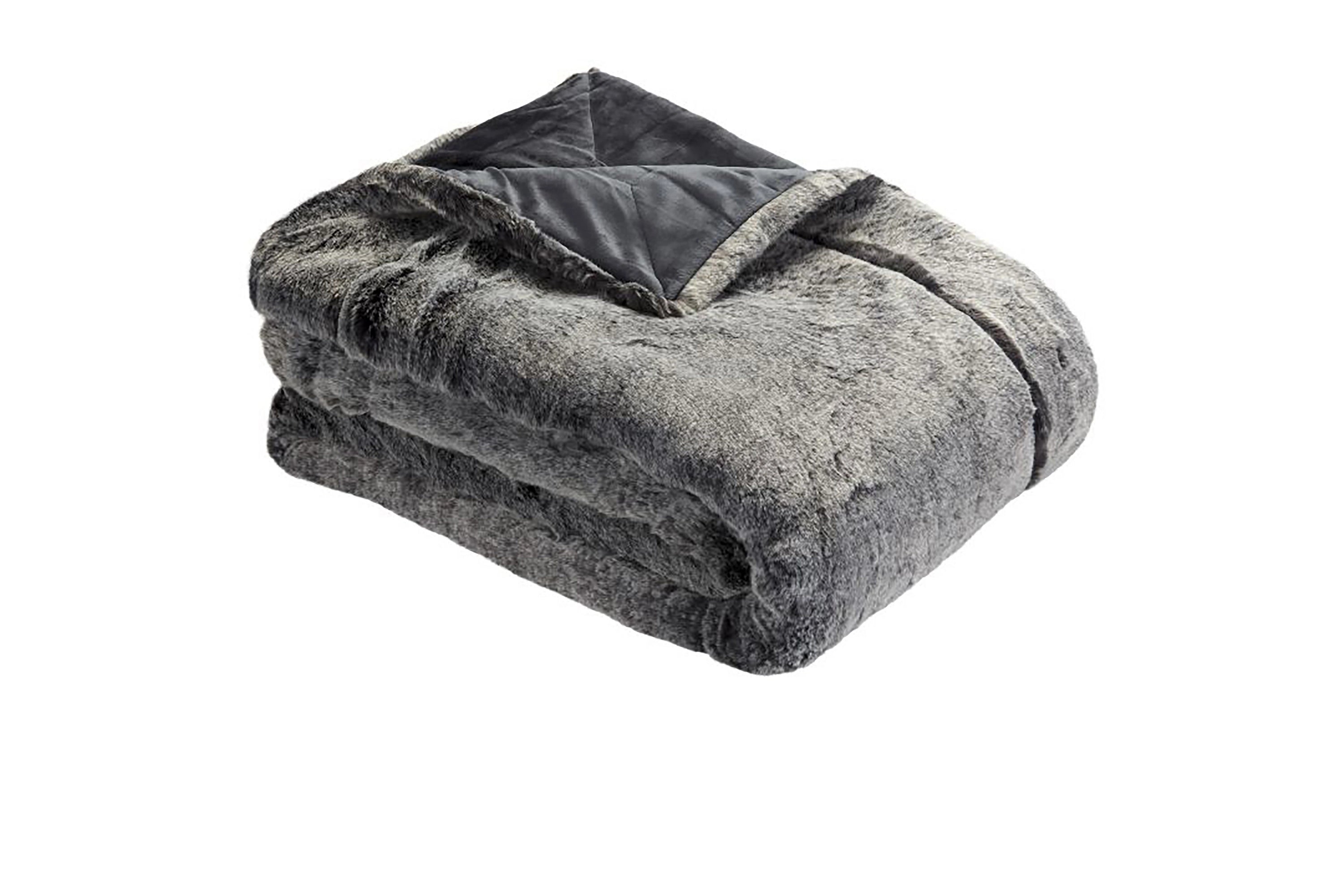 Graue, flauschige Decke von bugatti, elegant gefaltet, luxuriös und stilvoll.