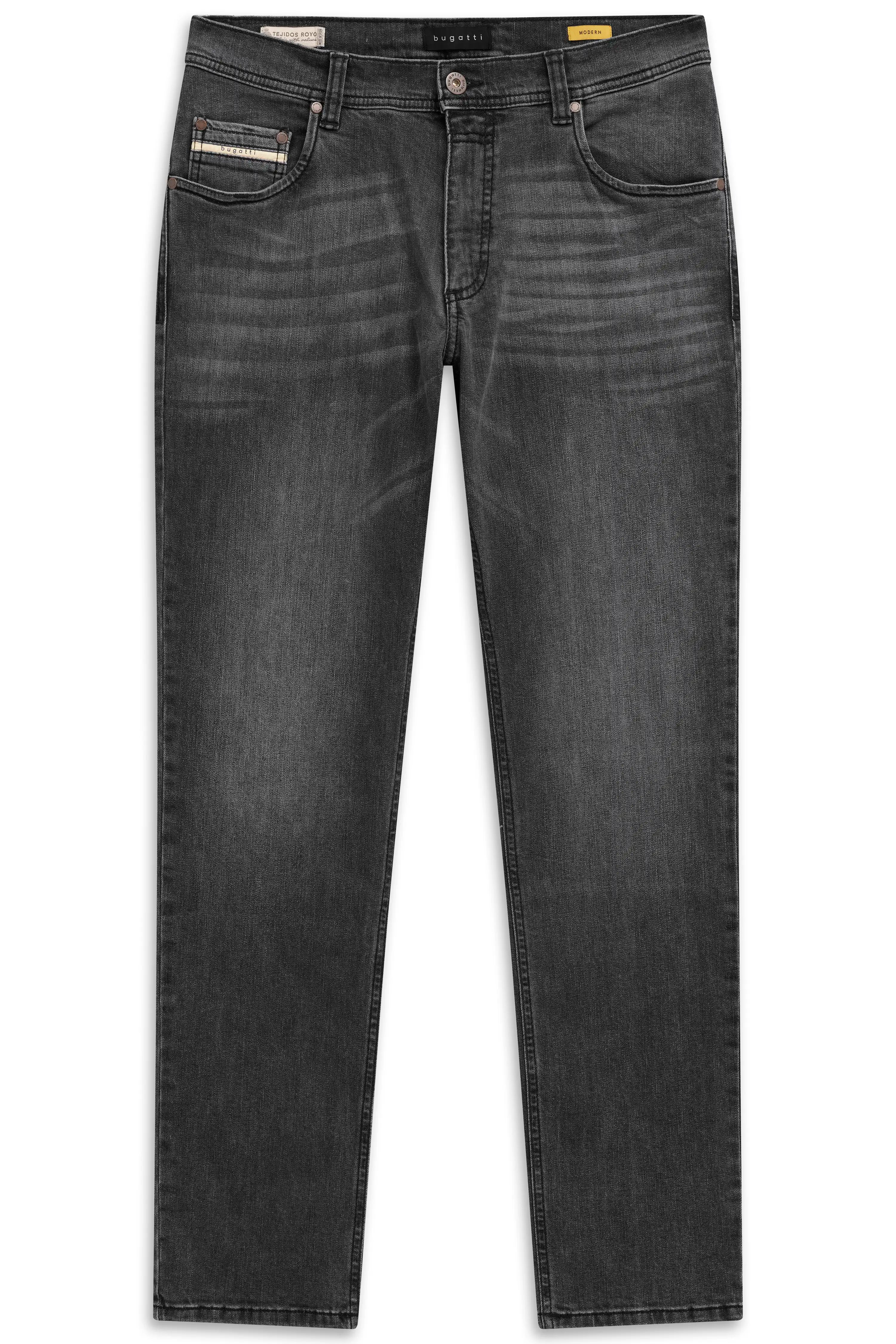 bugatti schwarze Jeans, klassisches Design, legeres Bild, hochwertige Materialien, zeitloser Stil.