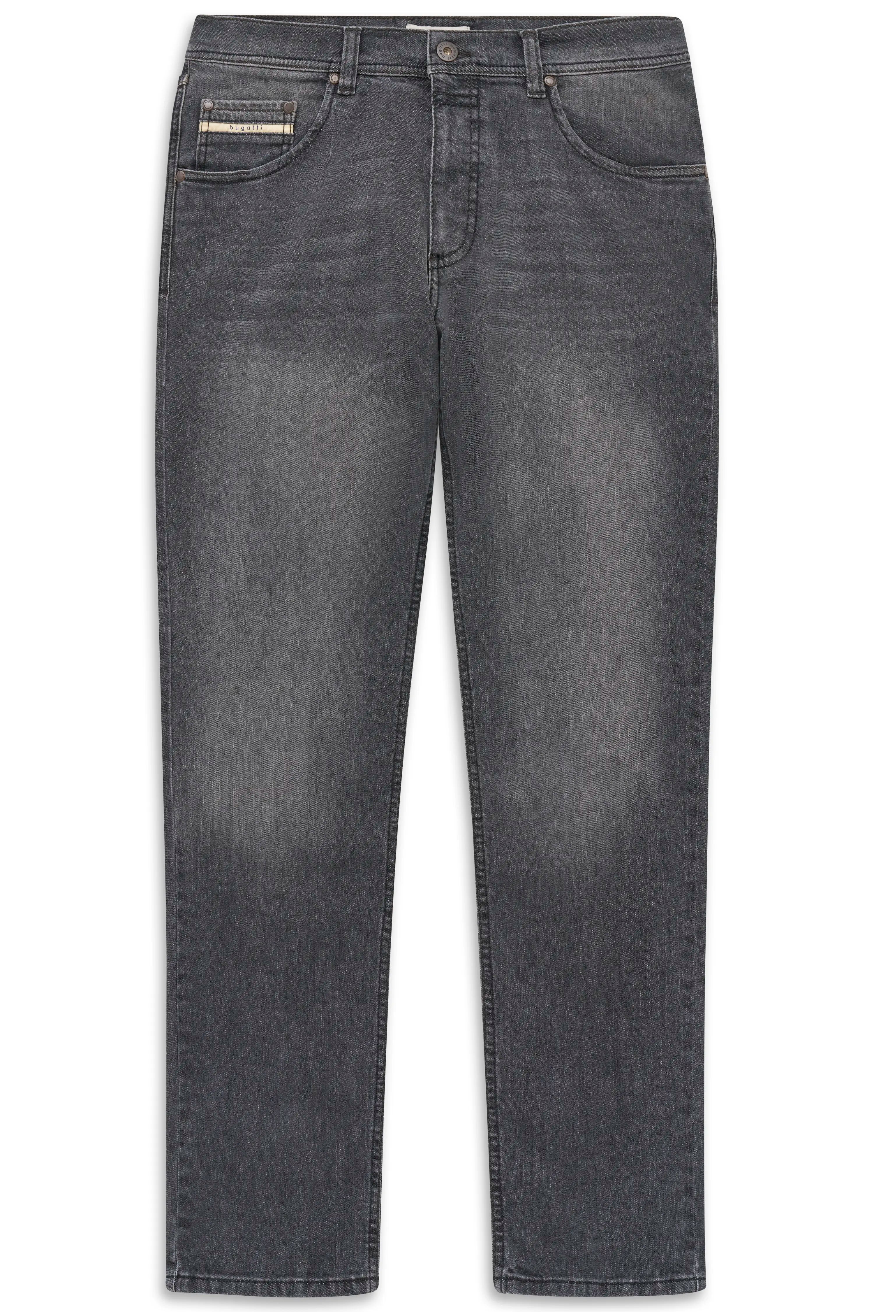 bugatti graue Jeans, Büstenbild, eleganter Look, hochwertige Details, klassische Passform.