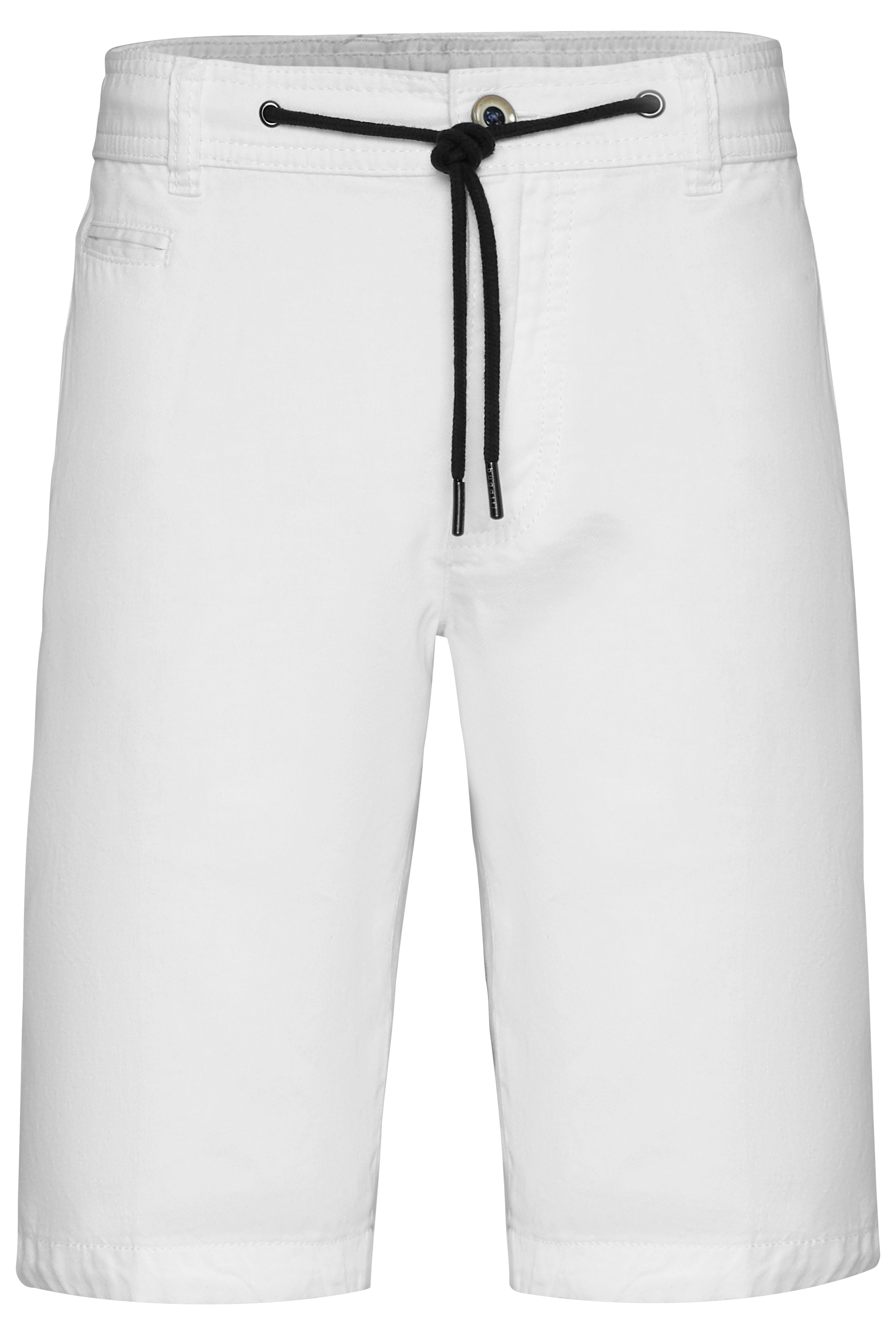 White bugatti shorts with drawstring, casual bust view.