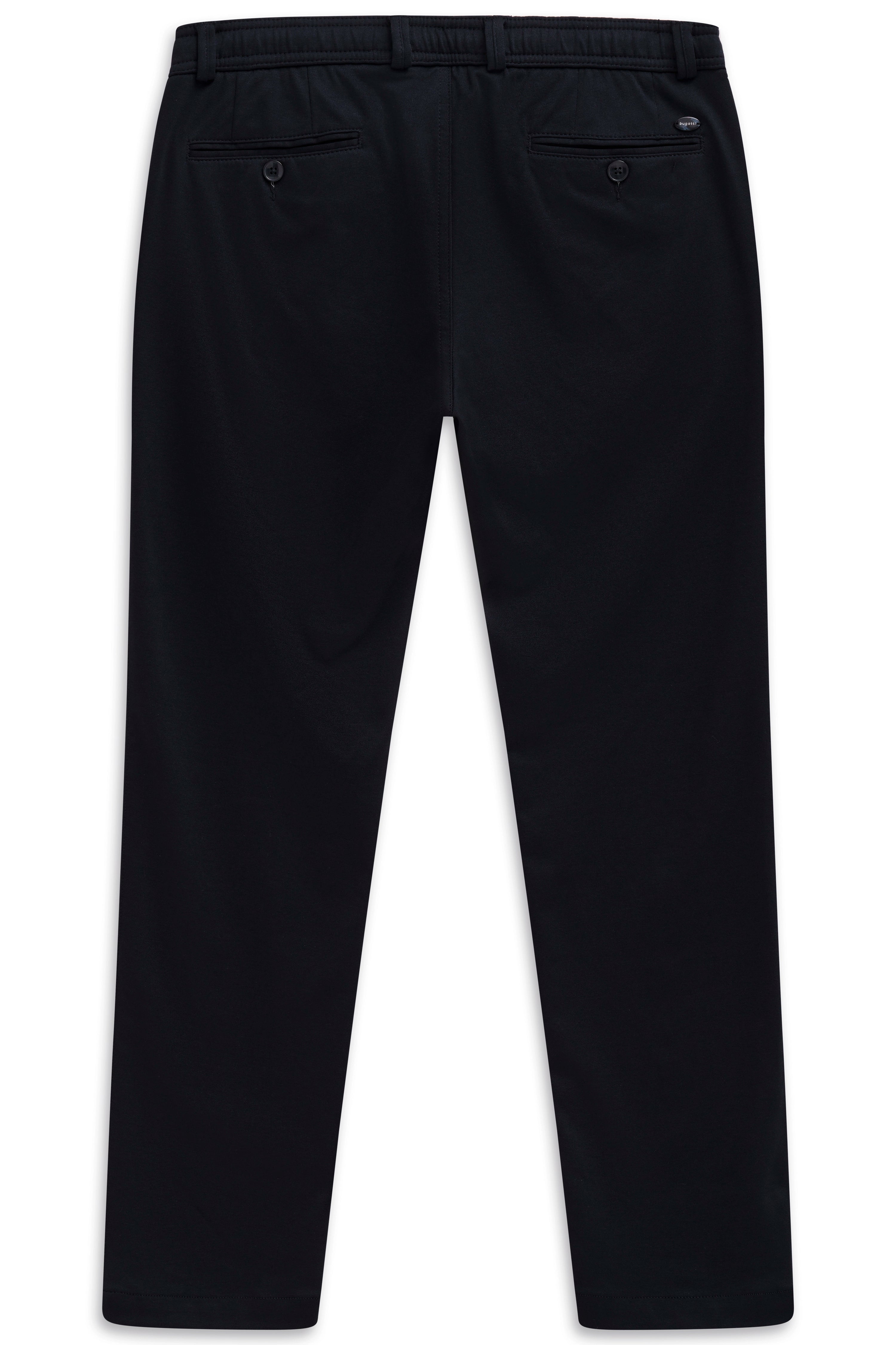 Schwarze bugatti Hose, legerer Stil, elastische Taille, Büstenbild.