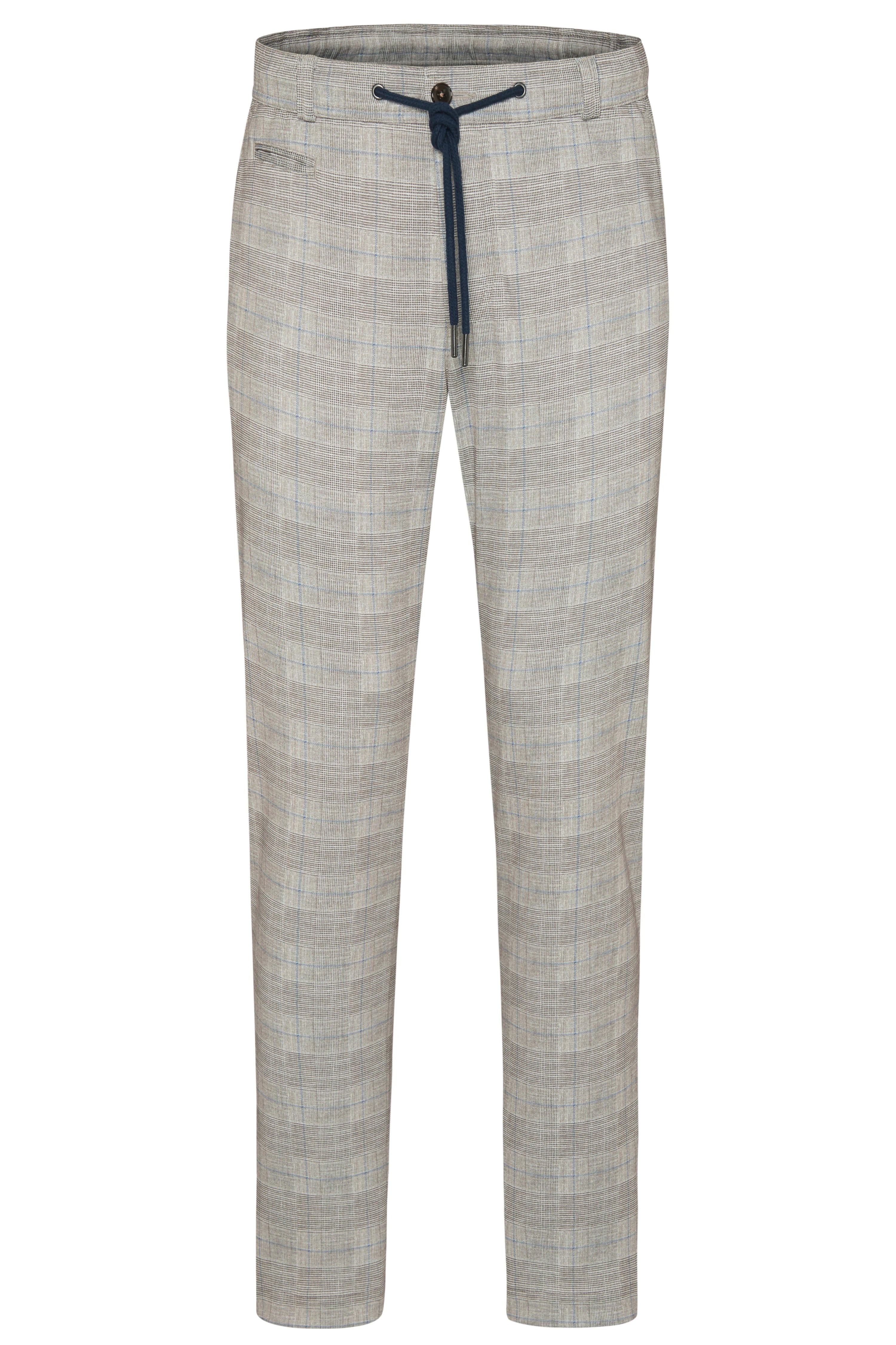 Kariert beige-blaue bugatti Hose mit Kordelzug, legeres Büstenbild.