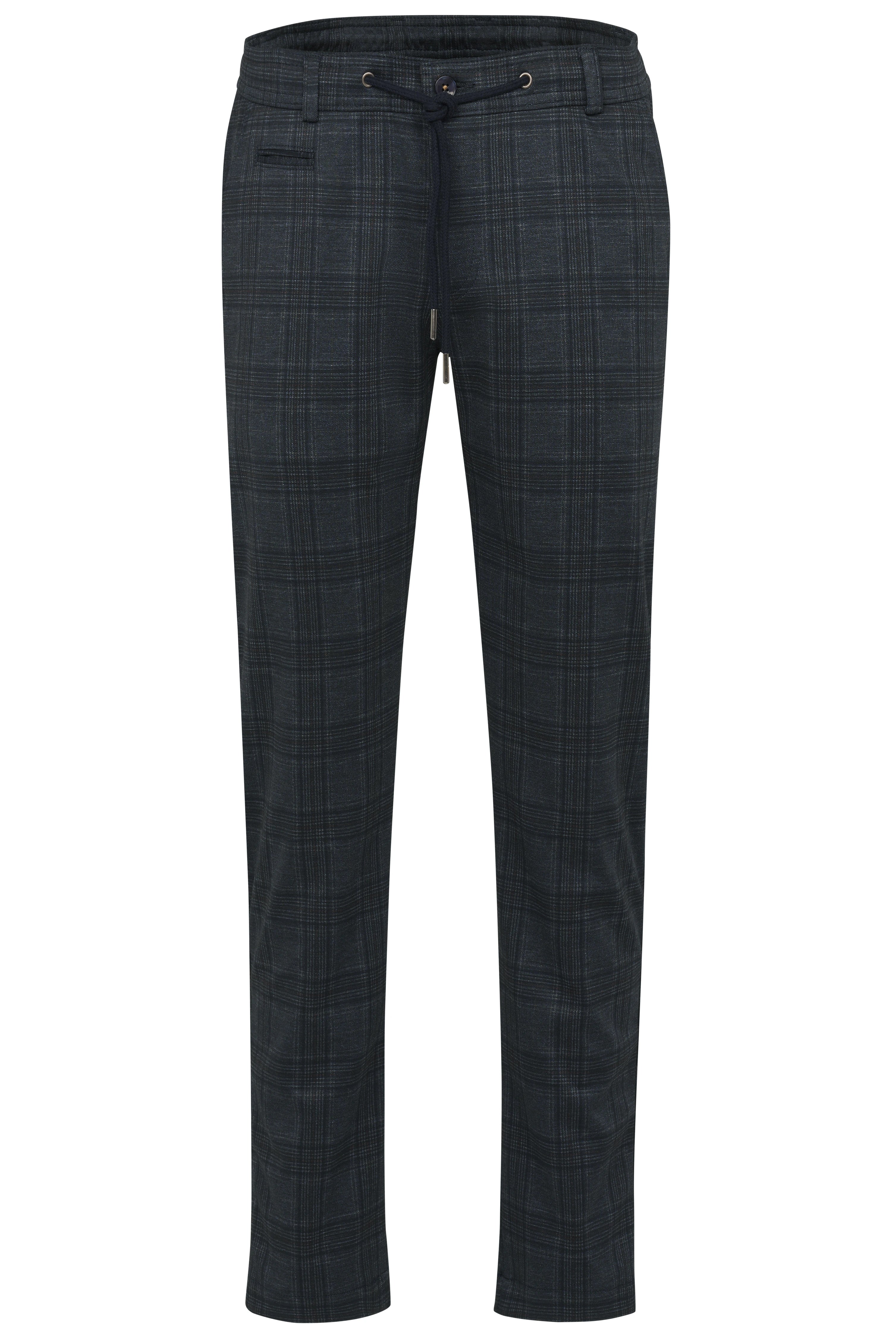 Dark grey bugatti checkered pants with drawstring, casual.