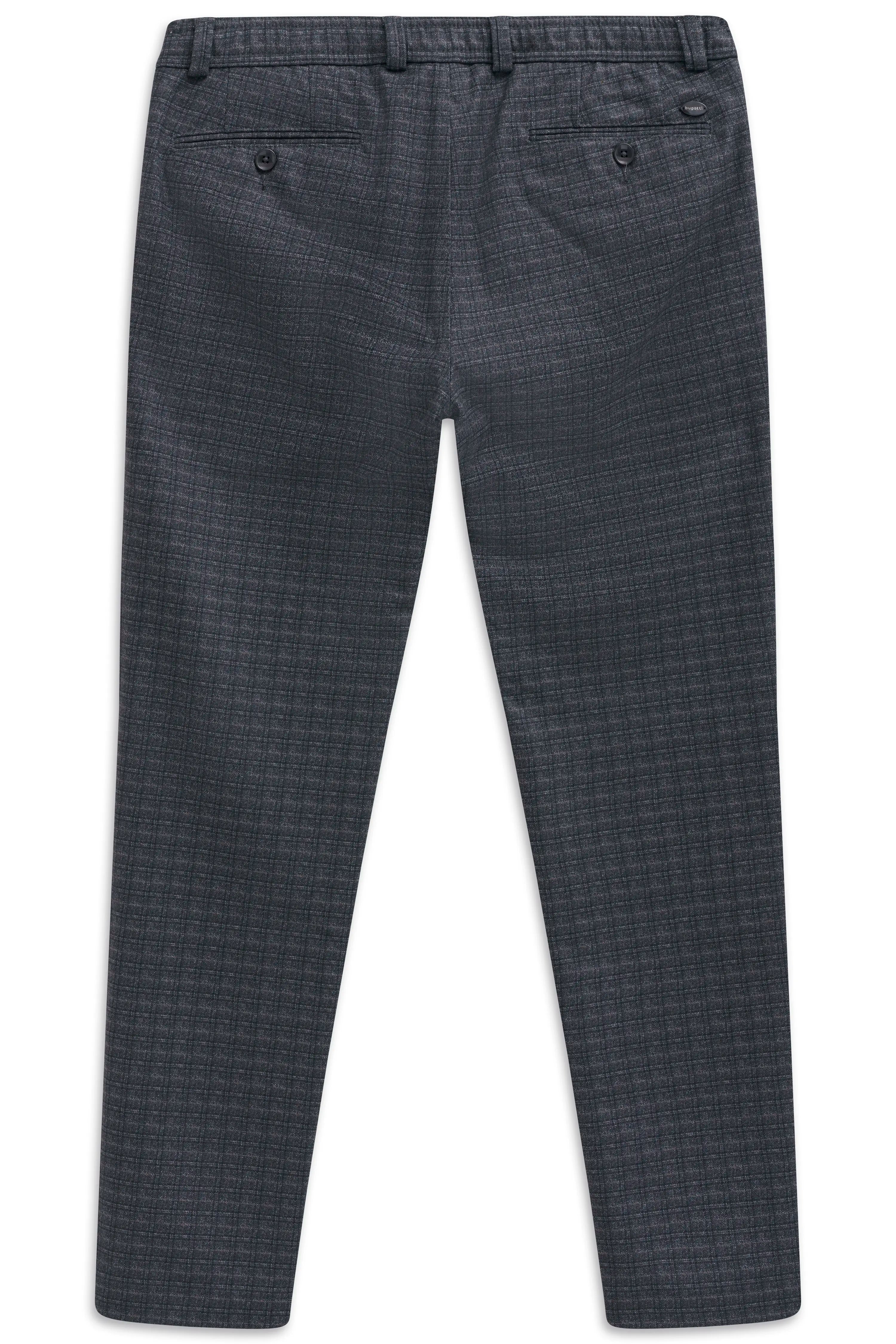 bugatti men's dark grey trousers with fine check pattern, bust image.