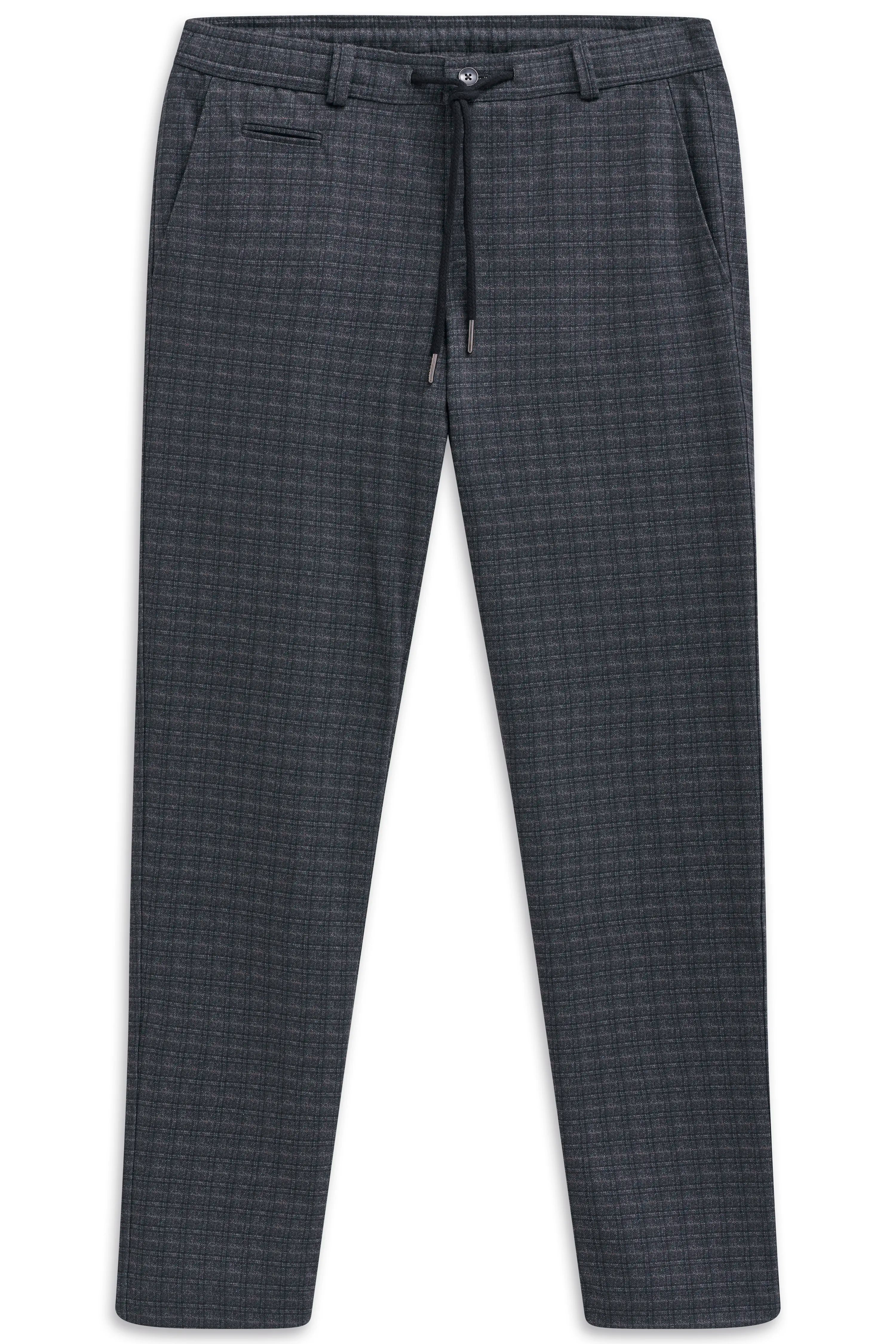 Gray checkered bugatti trousers, casually styled, perfect for chic casual outfits.
