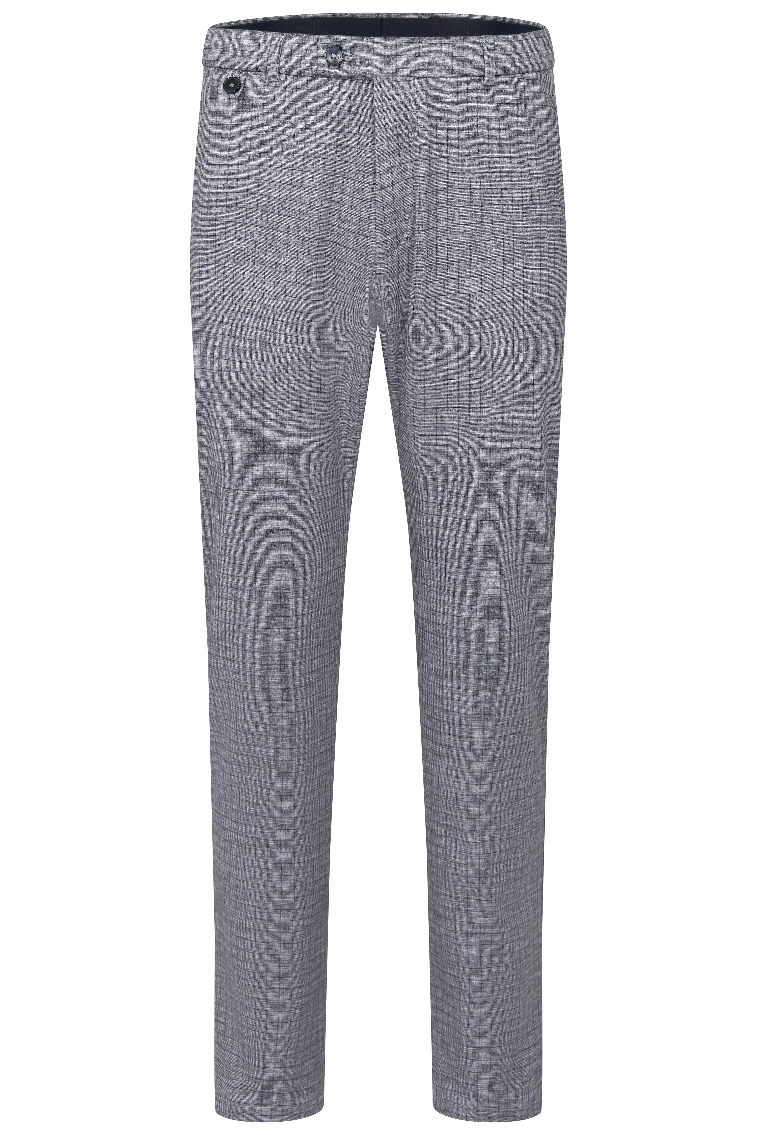 Graue bugatti Hose mit feinem Karomuster, legeres Produktbild.