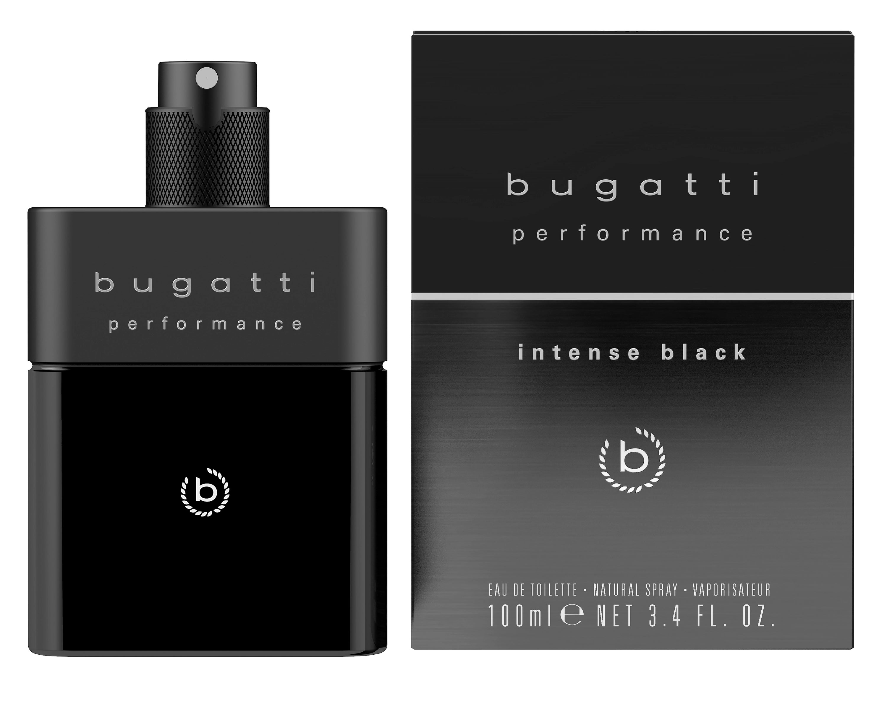 "bugatti Eau de Toilette Flasche, schwarz, Produktbild, stilvolles Design."