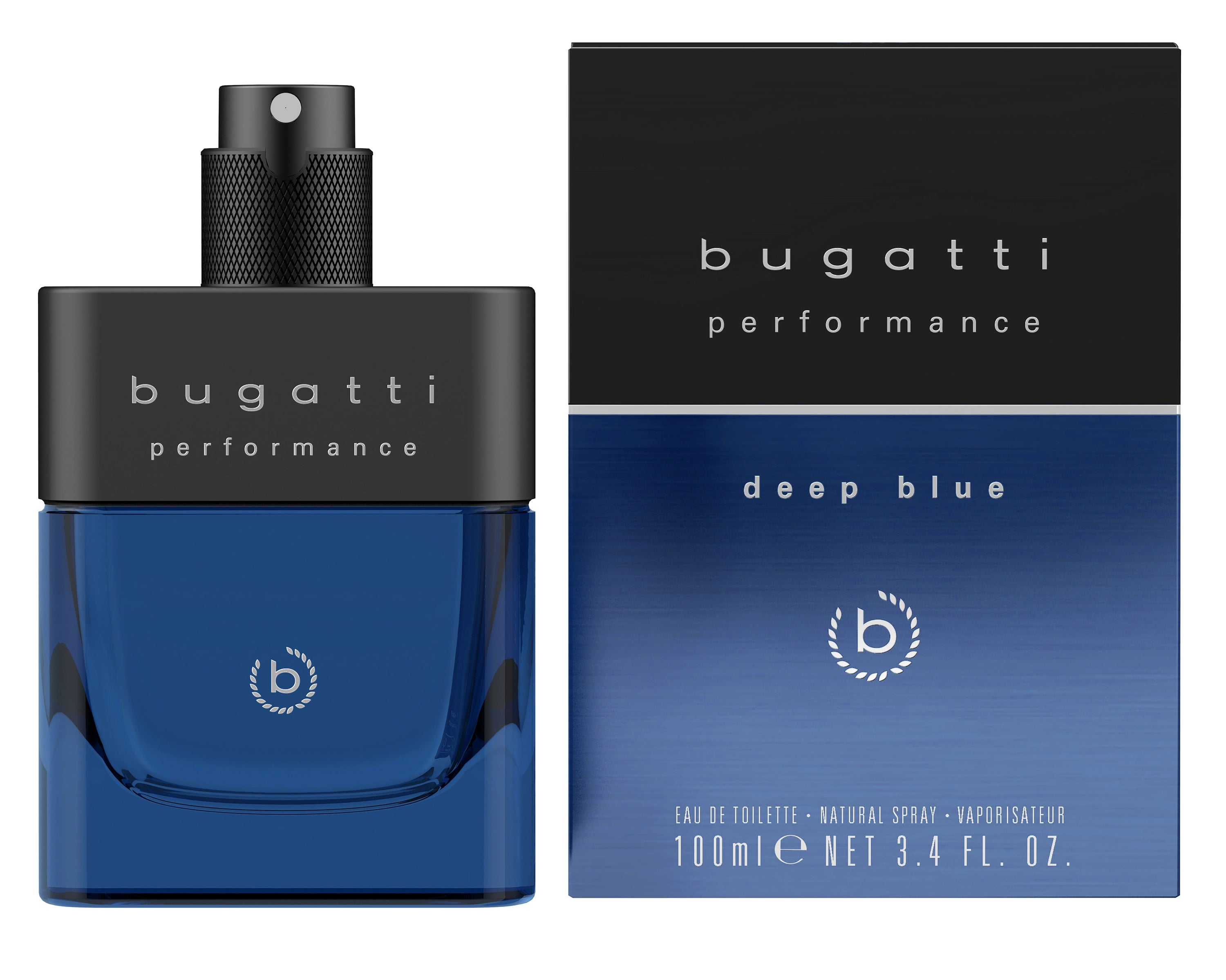 bugatti Parfum "deep blue" Flakon, 100ml, stilvoll in Blau und Schwarz.
