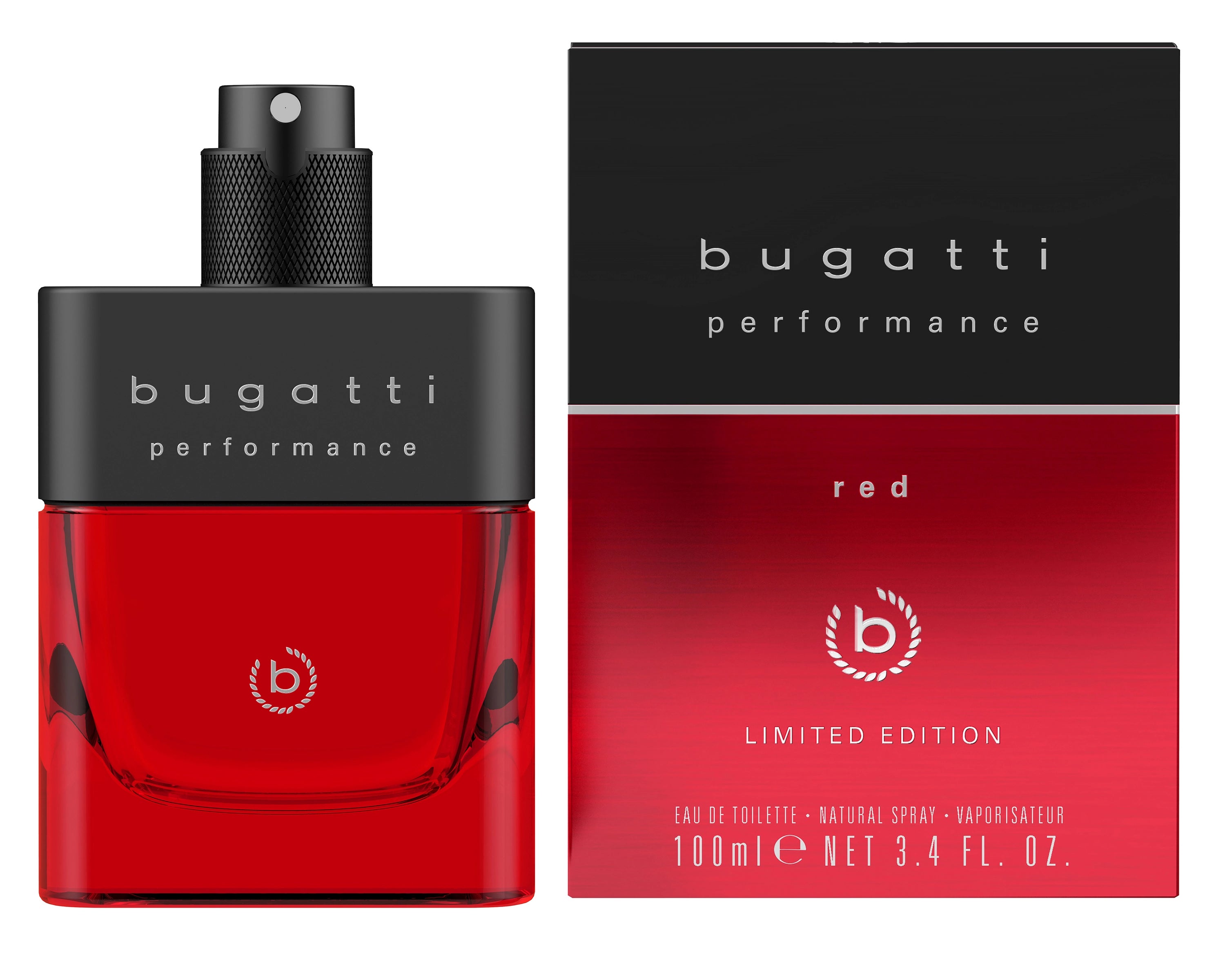 "bugatti Performance Red Eau de Toilette 100ml Flakon und Verpackung in Rot."