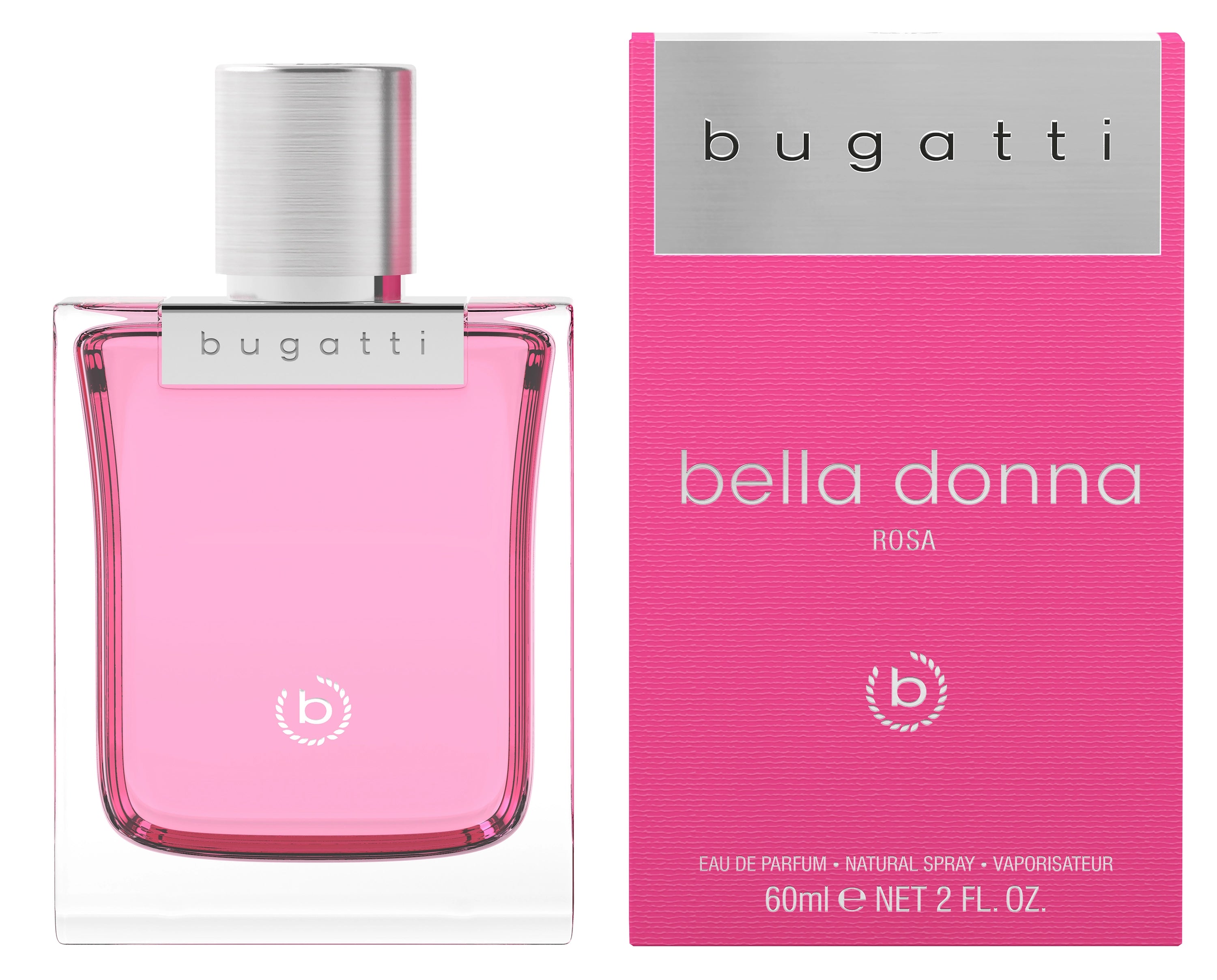 "bugatti Bella Donna Rosa Eau de Parfum, 60ml, mit elegantem, rosa Flakon und silbernem Verschluss."