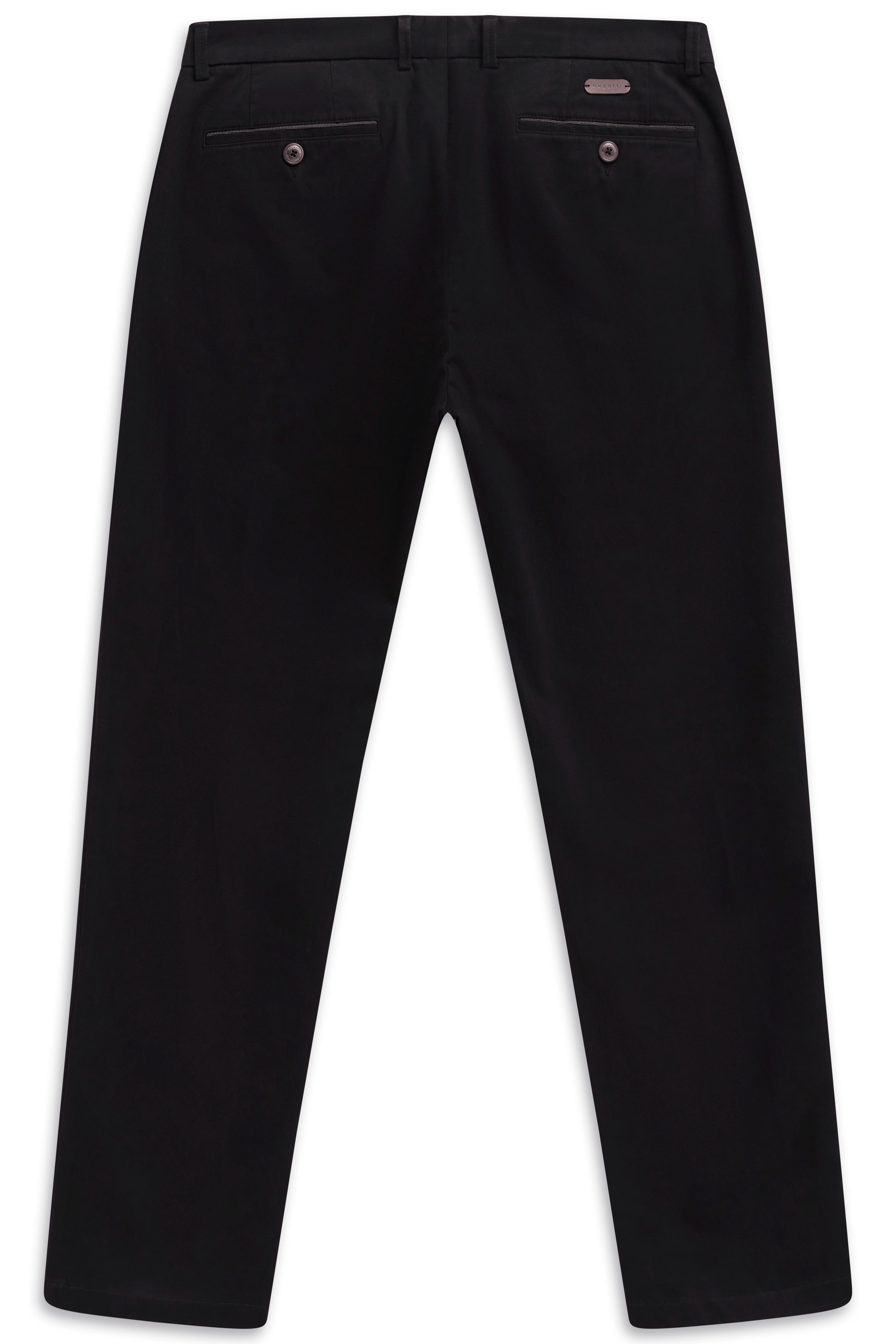 Schwarze bugatti Chinohose, Rückansicht, glatt und elegant, Büstenbild.