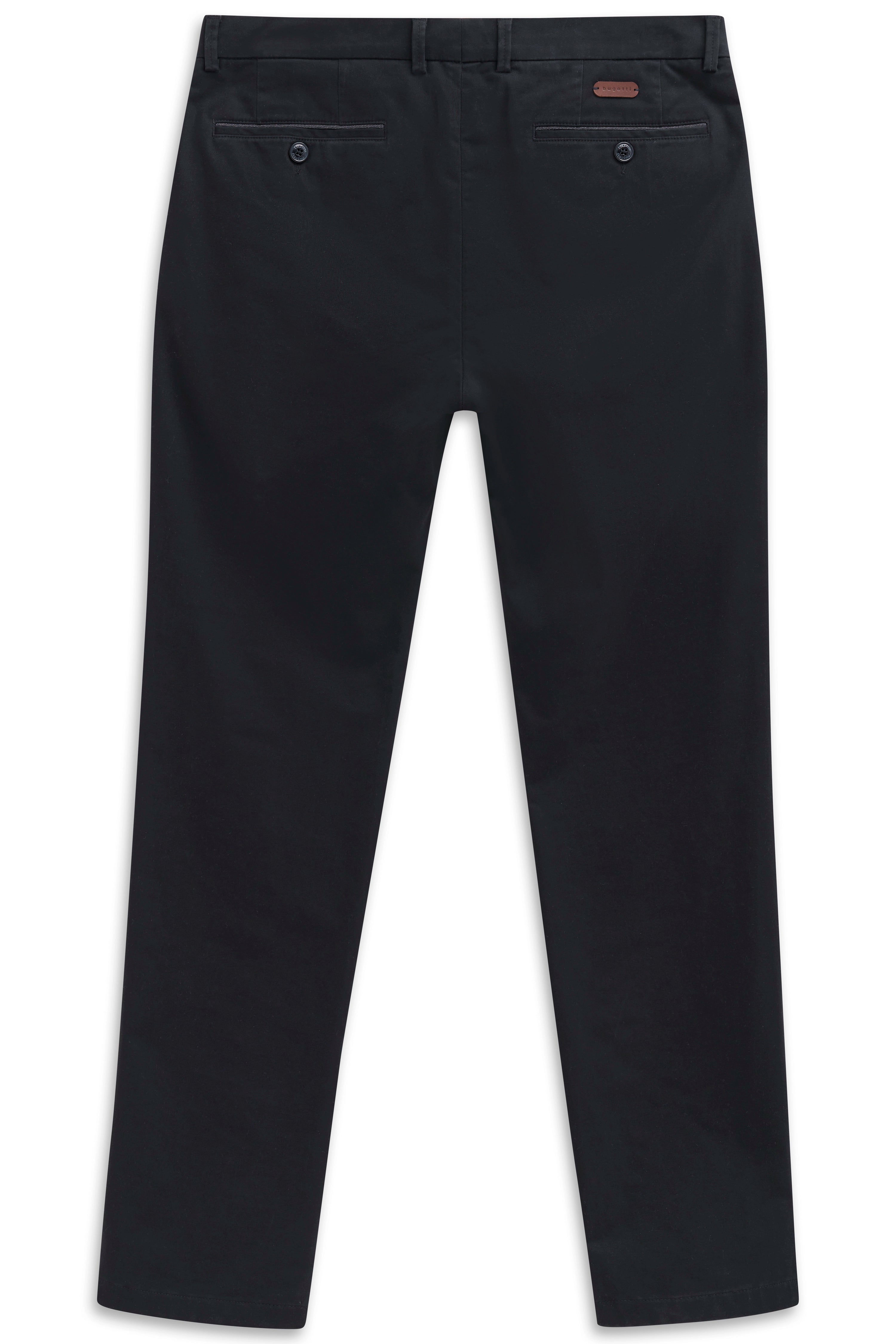 Zwarte bugatti broek, achterkant, elegante look, perfecte pasvorm, hoogwaardig materiaal.