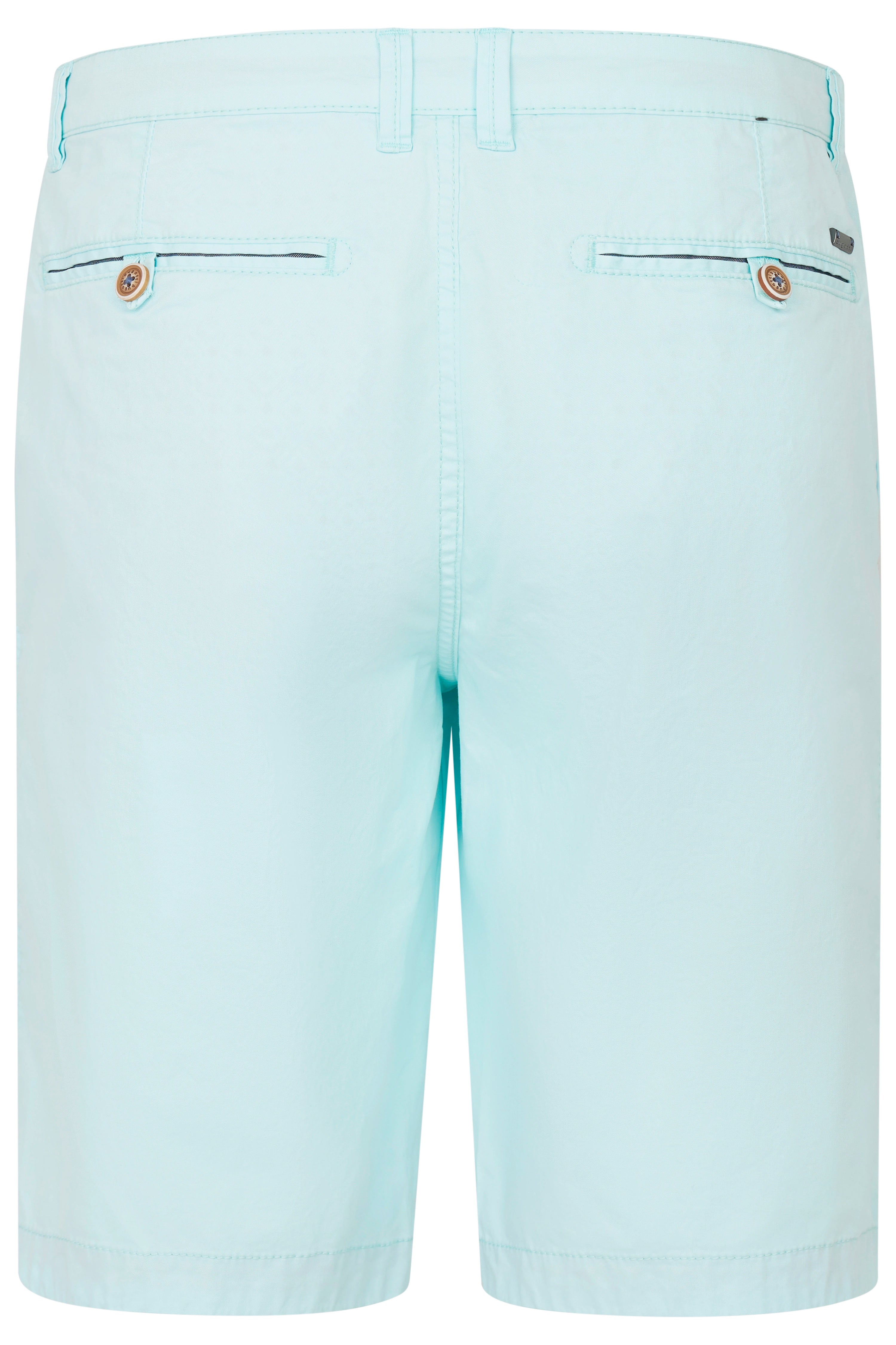 Hellblaue bugatti Shorts, Rückansicht, legeres Design, Detailansicht mit Knöpfen.