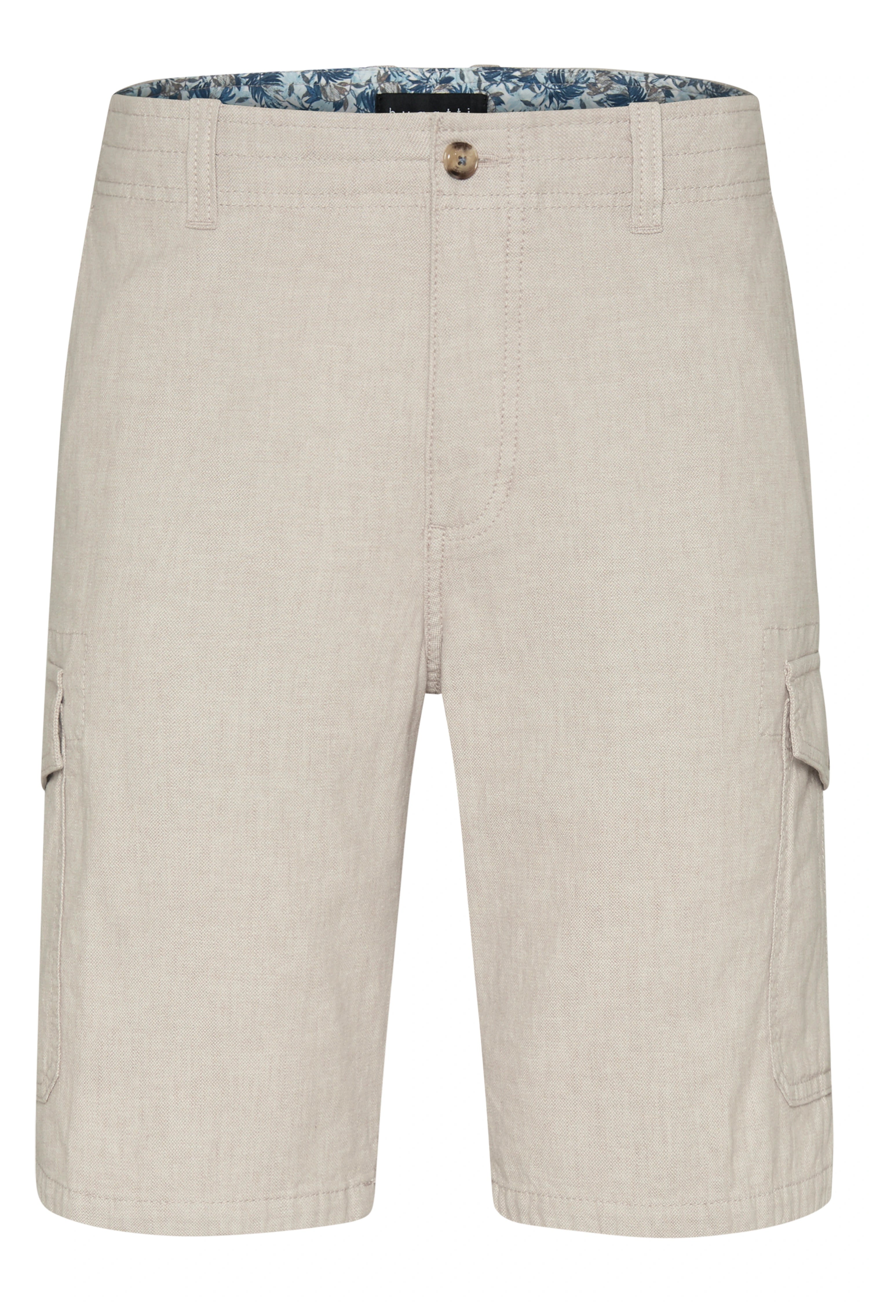 Beige bugatti shorts with floral inner lining, casual bust shot.