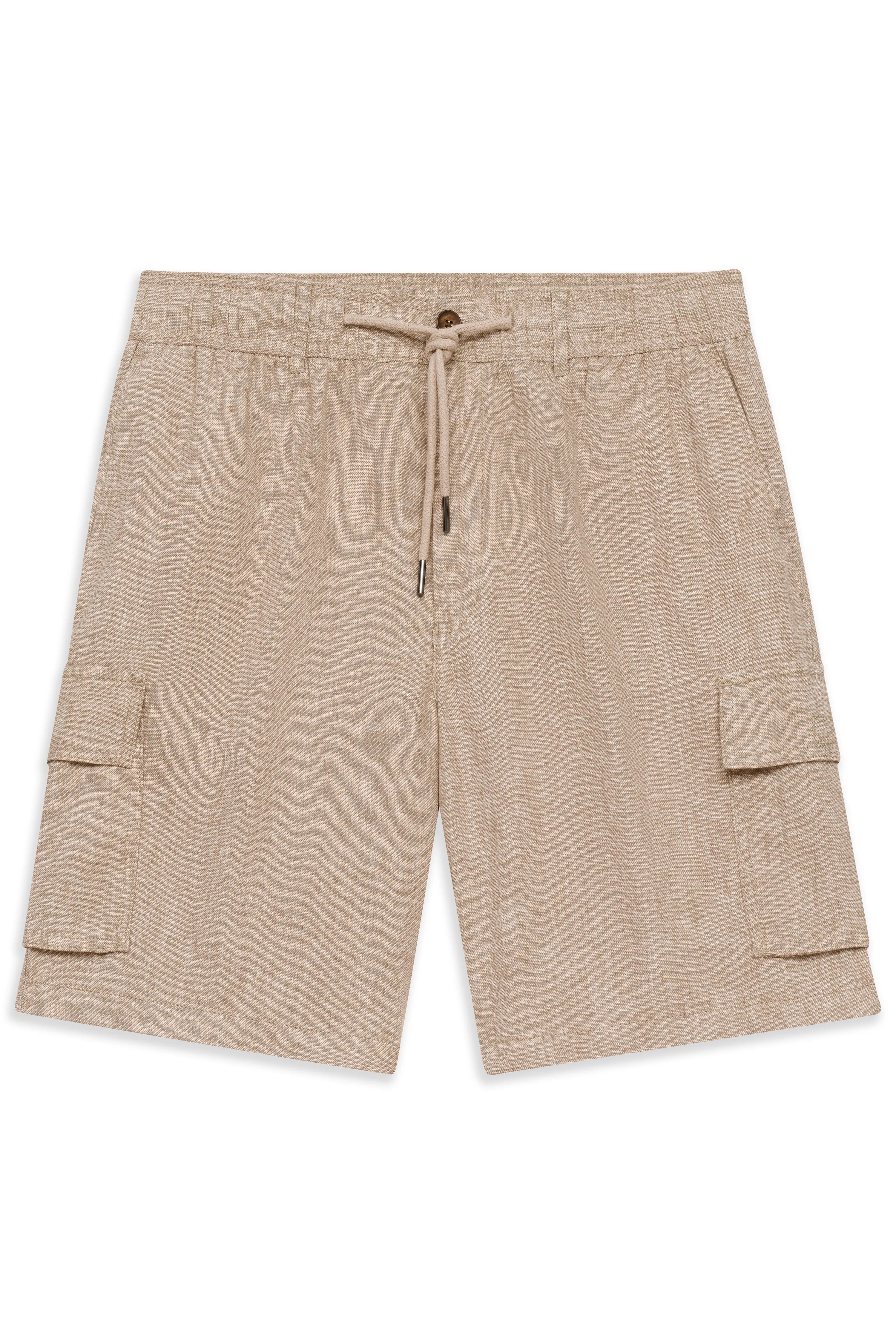 Beige bugatti Cargo-Shorts aus Leinen mit Kordelzug, Büstenbild.