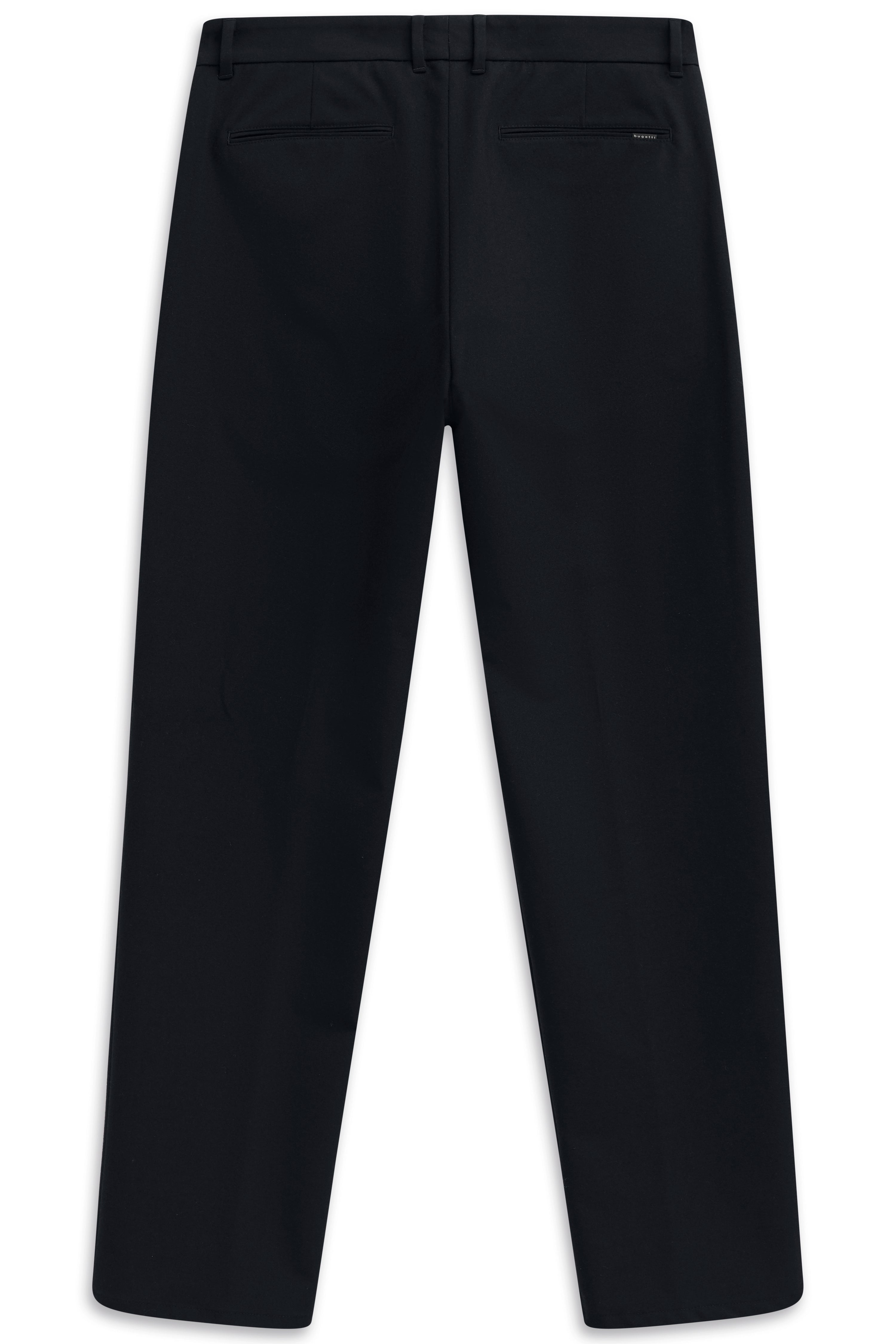 bugatti black suit trousers, casual image, elegant back view with pockets.