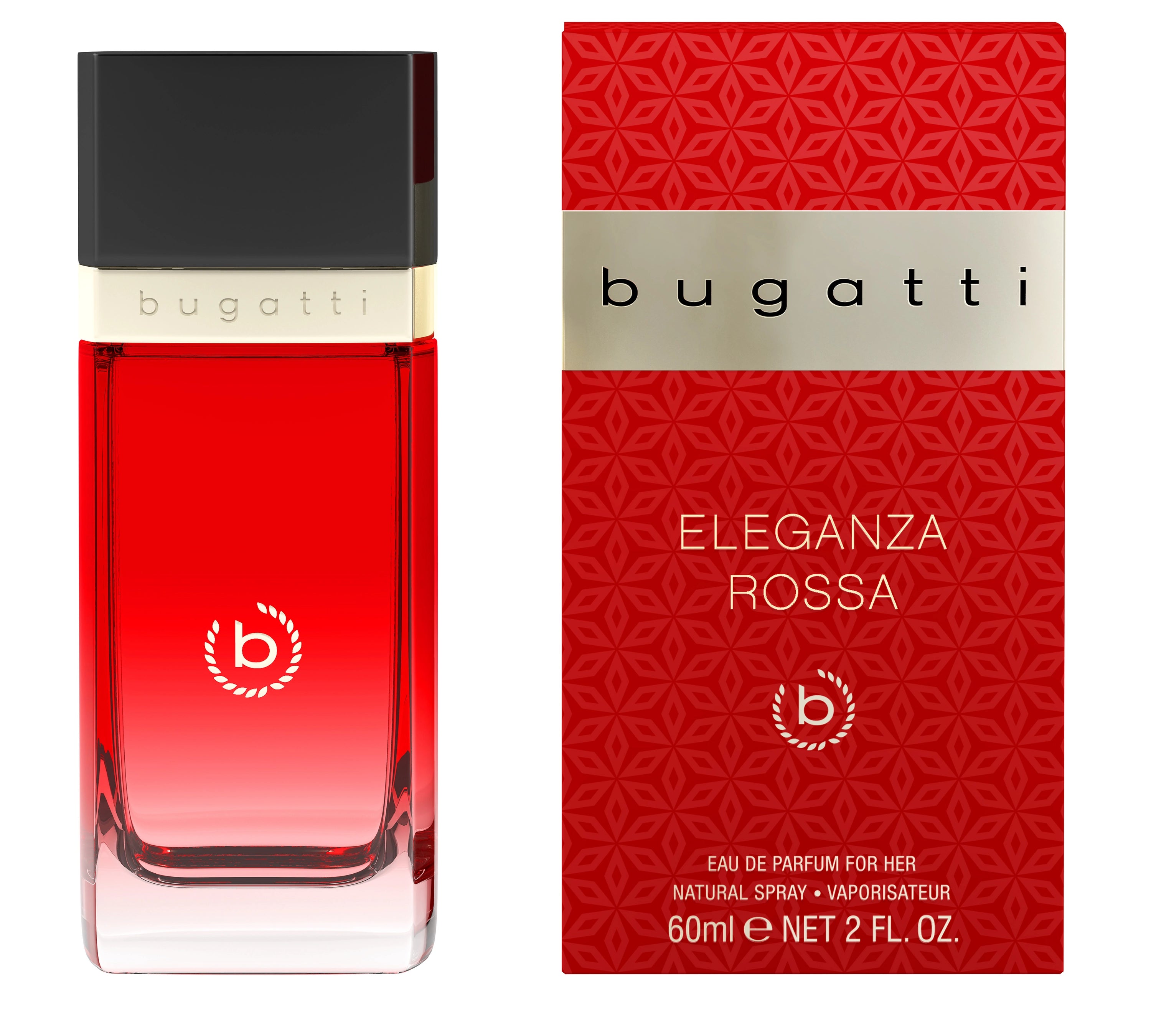 "bugatti Eleganza Rossa Parfum, rote Flasche und Verpackung, stilvoll und elegant präsentiert."