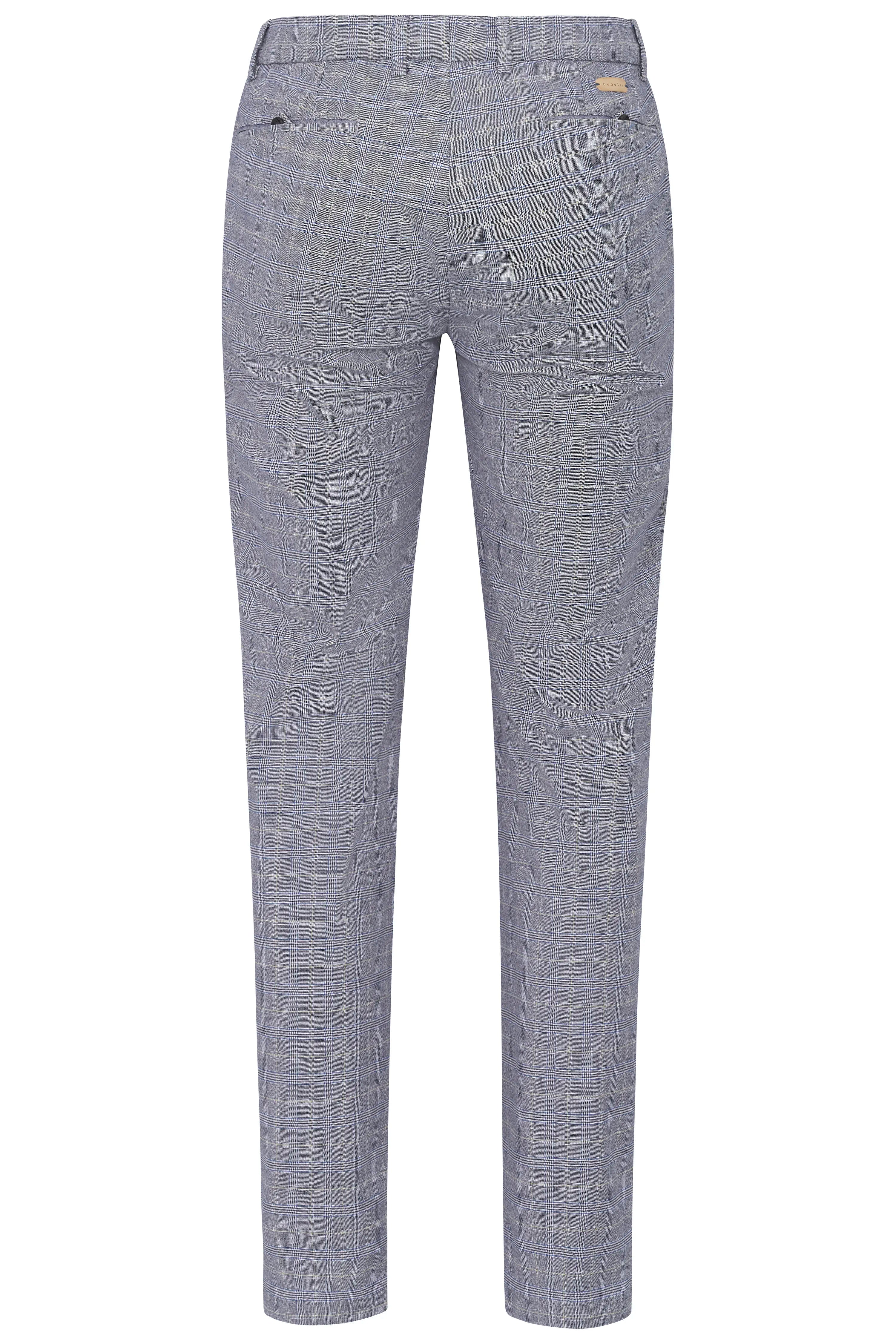 Elegante bugatti broek in grijs met subtiel ruitpatroon, busteweergave.