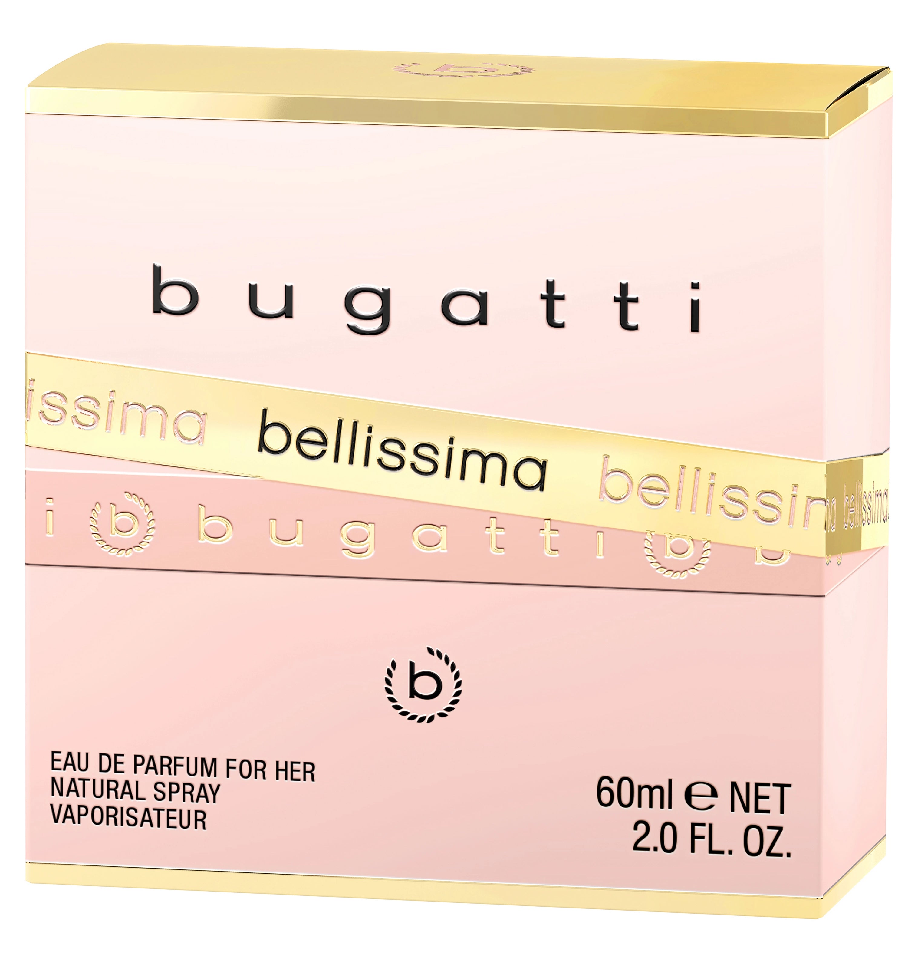 bugatti "bellissima" Parfum mit goldener und rosa Verpackung, 60 ml.