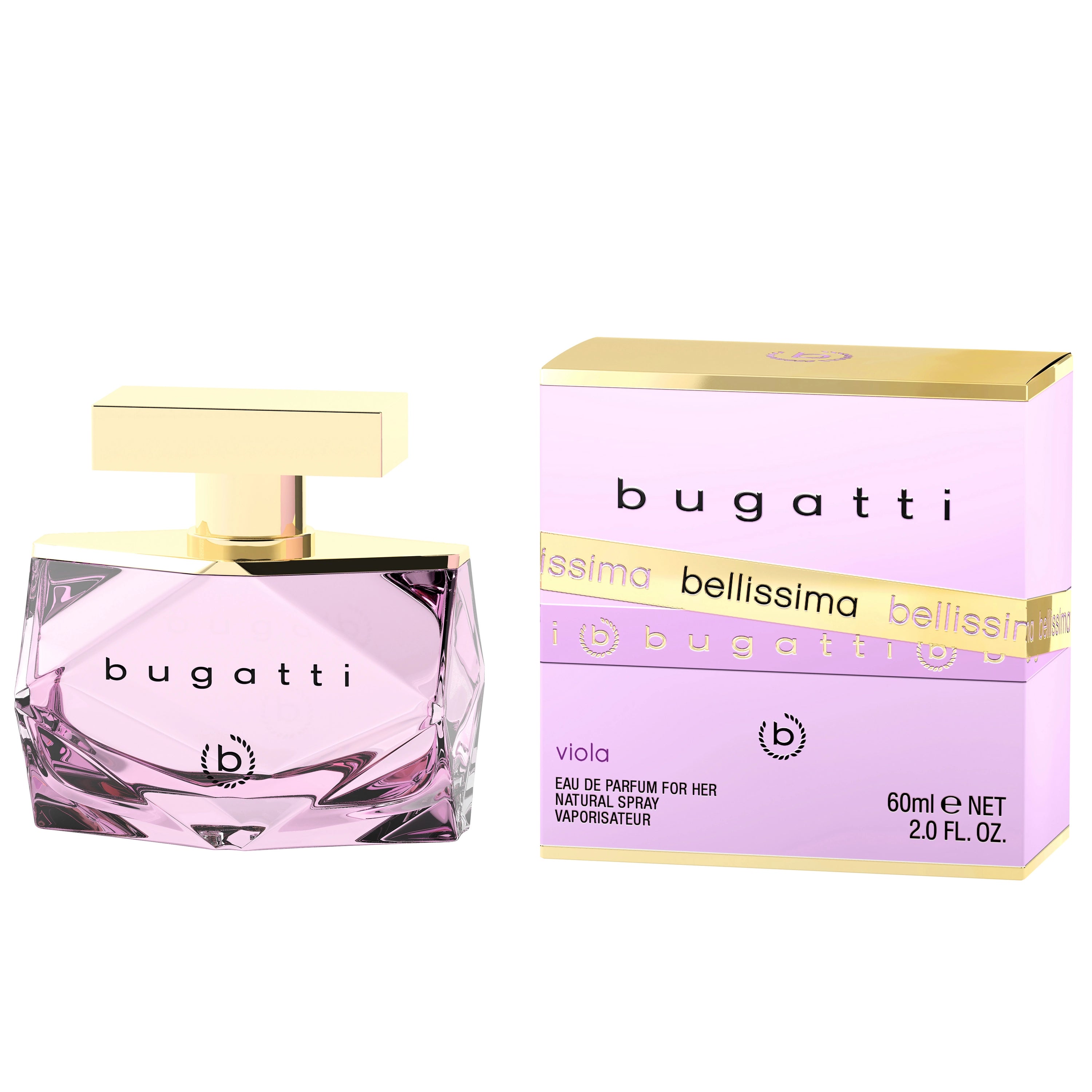 bugatti Bellissima Parfümflasche und Verpackung in zartem Lila mit goldenen Akzenten.