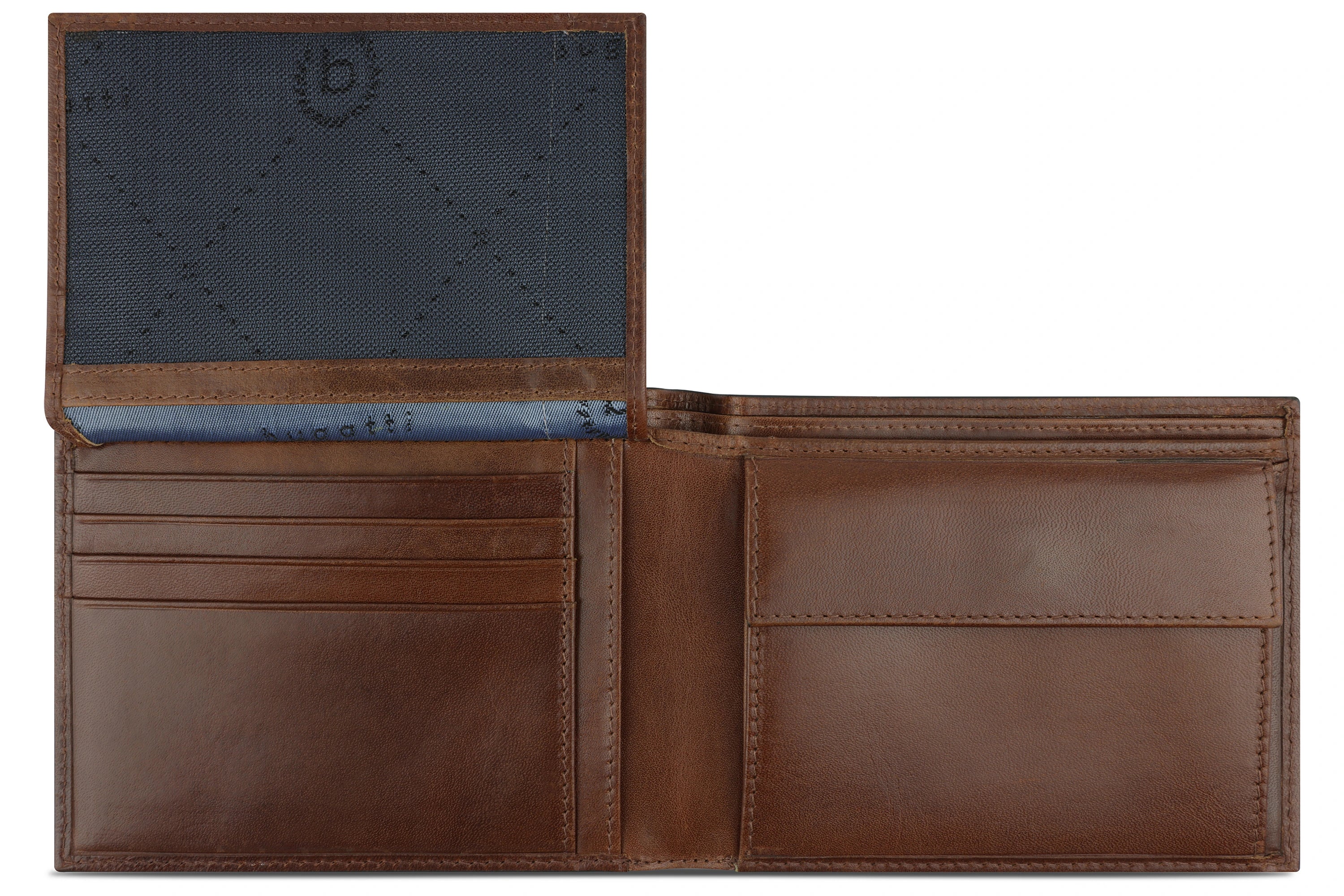 Braune bugatti Leder-Geldbörse mit blauer Innenausstattung, elegantes und funktionales Design.