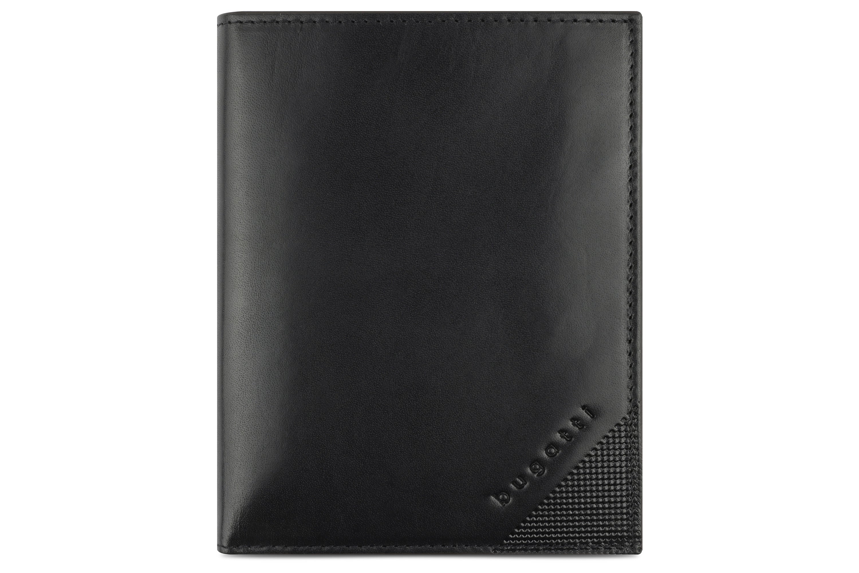 Black bugatti leather wallet with embossed logo, elegant design, product image.