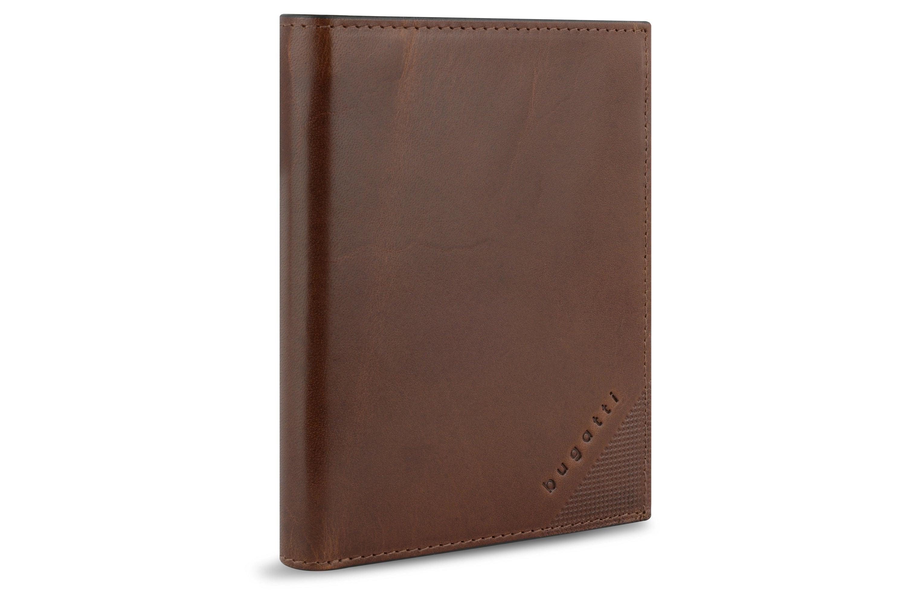 Brown leather case by bugatti with embossed logo, sleek design, product image.