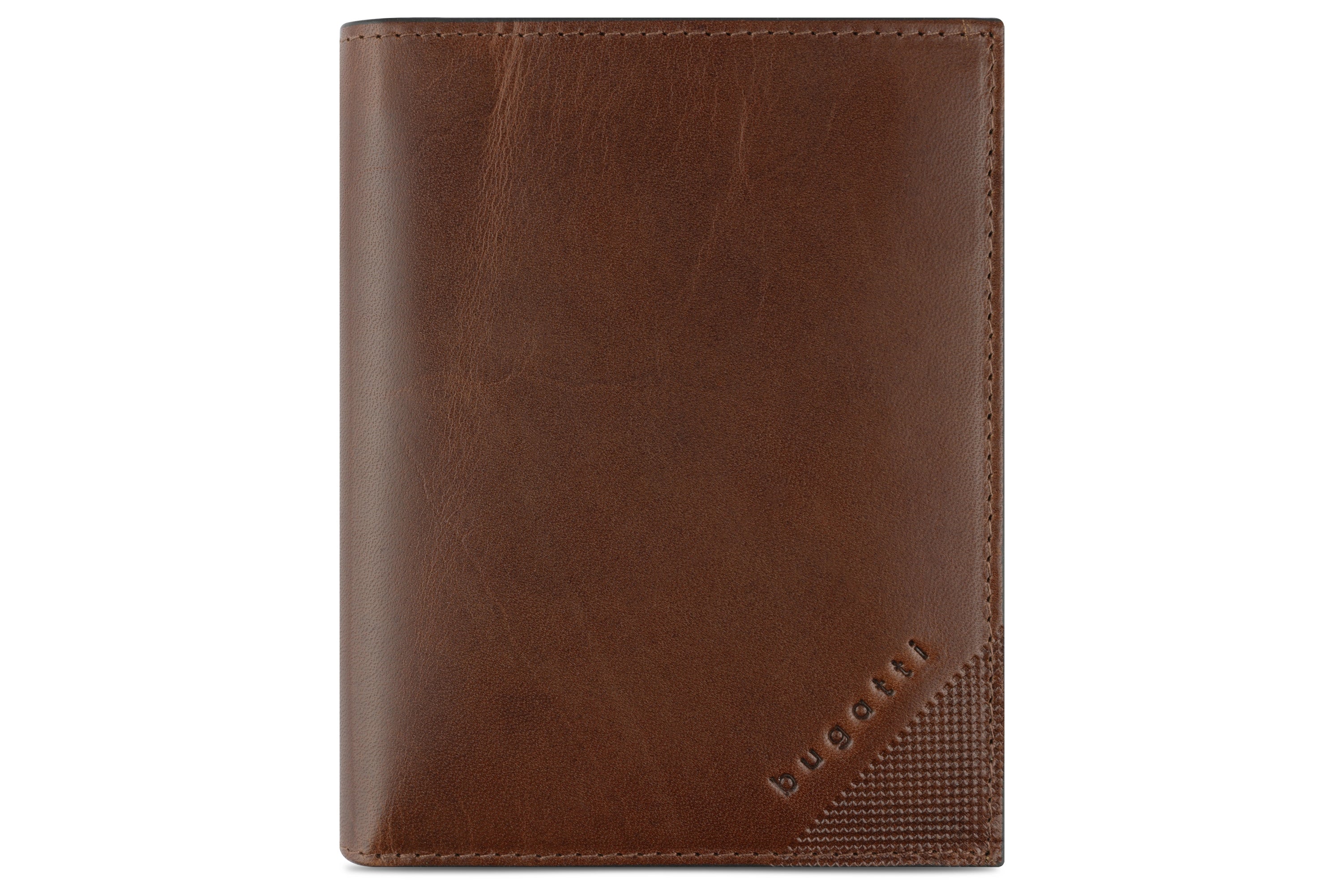 Brown bugatti leather wallet with embossed logo, simple design, detail shot.