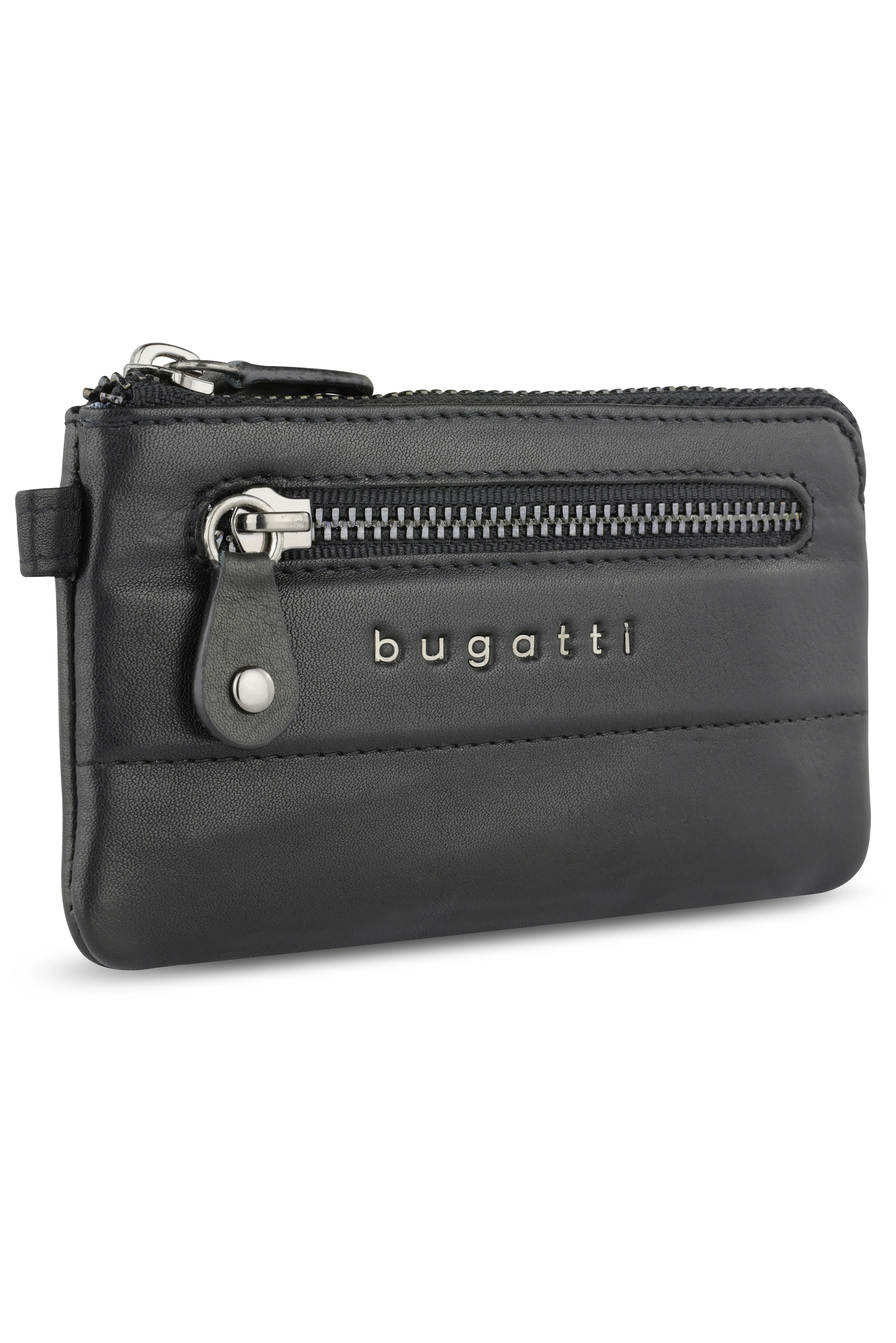 Black bugatti leather pouch with zipper, sleek design. Bust image.