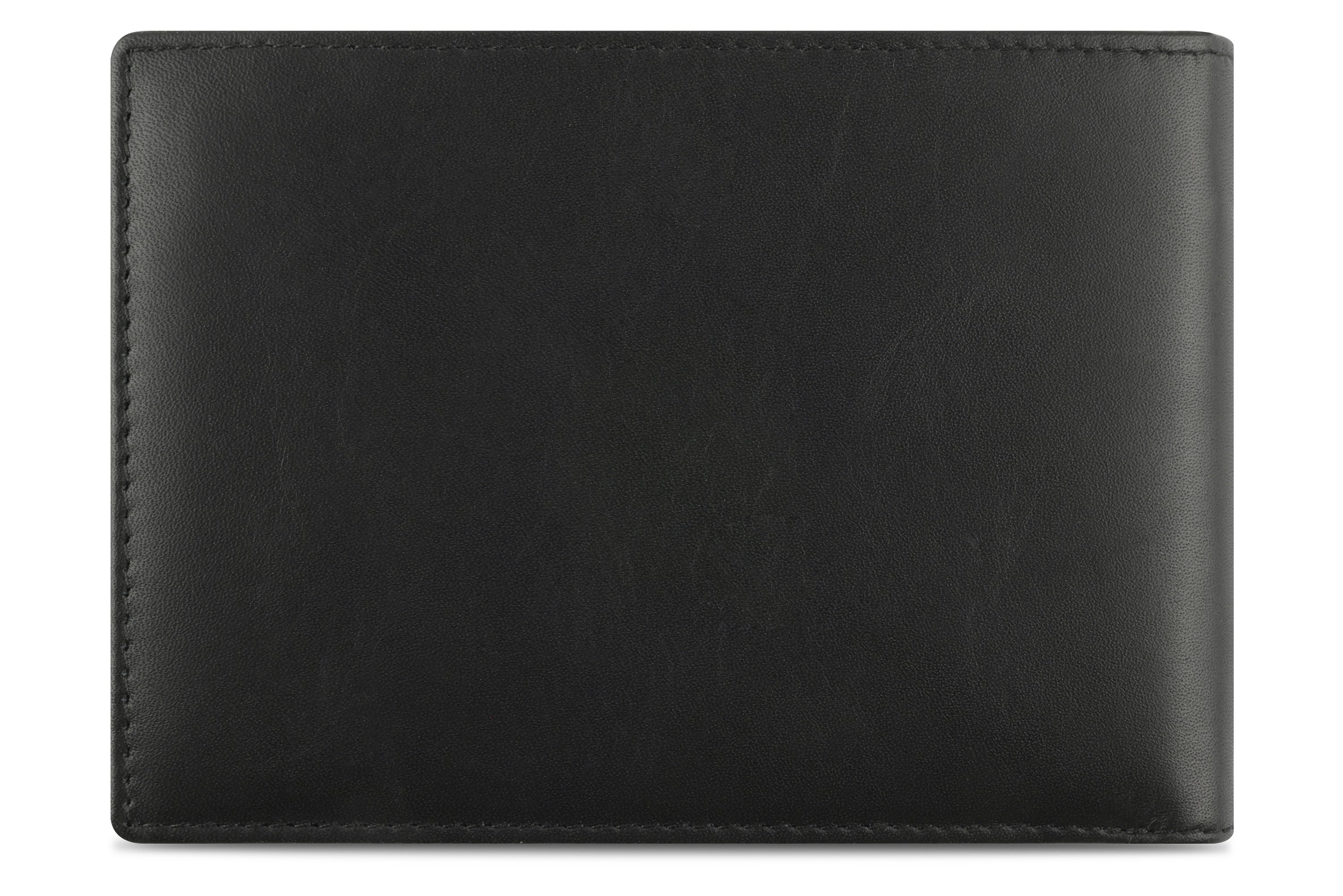 Black bugatti leather wallet, classic design, bust view.