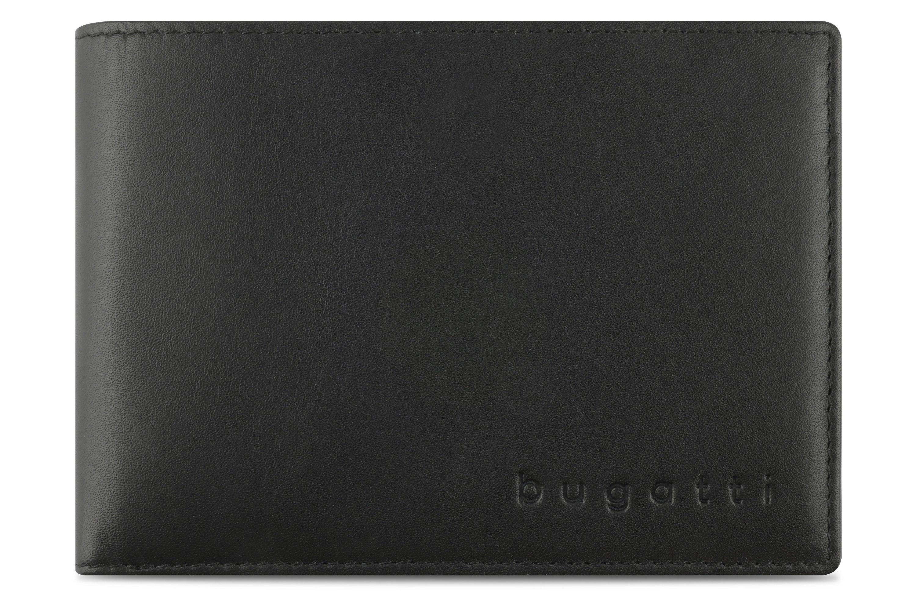 Black bugatti leather wallet, elegant and timeless design, bust view.