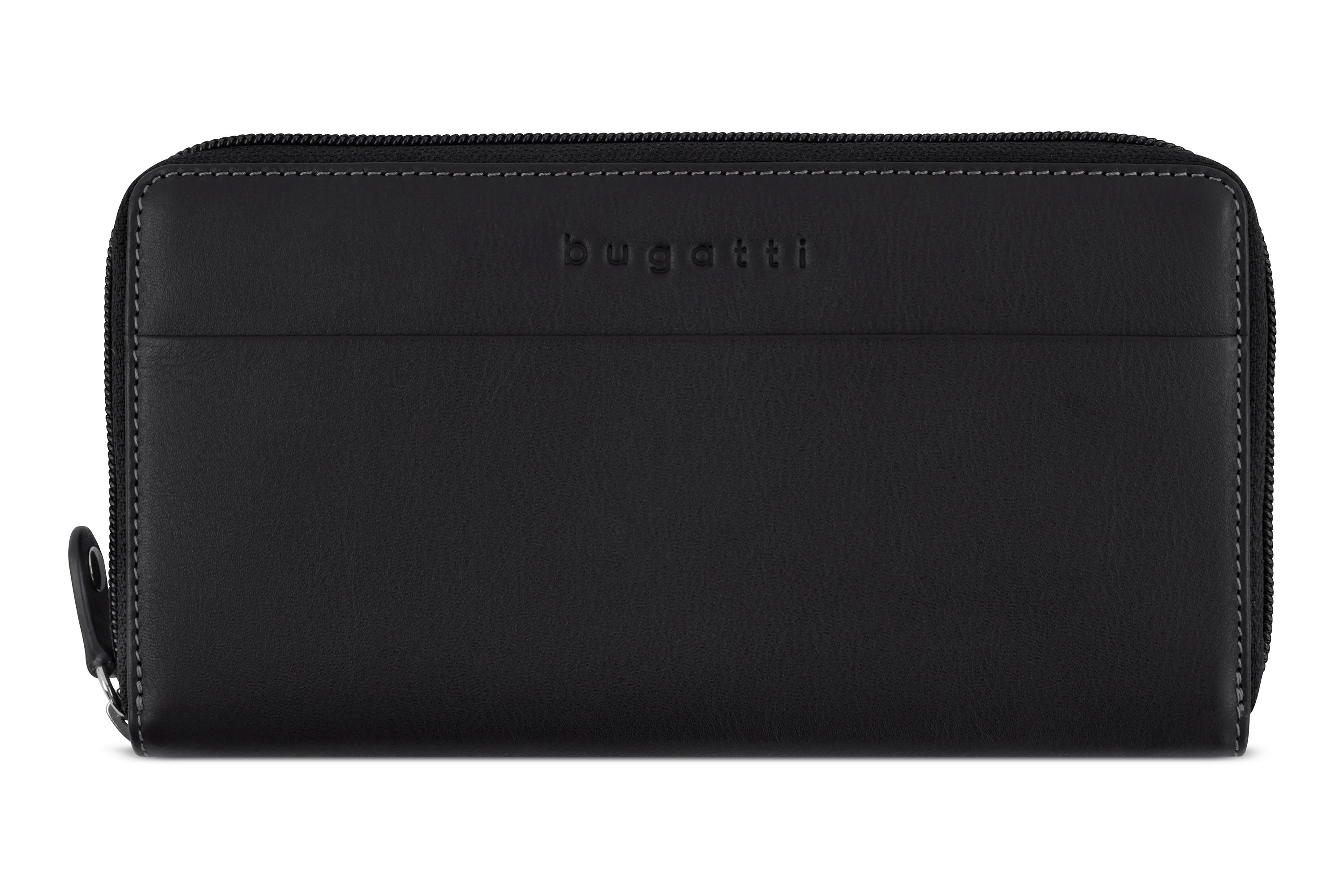 Schwarzes bugatti Portemonnaie, elegantes Design, hochwertiges Material, Büstenbild.