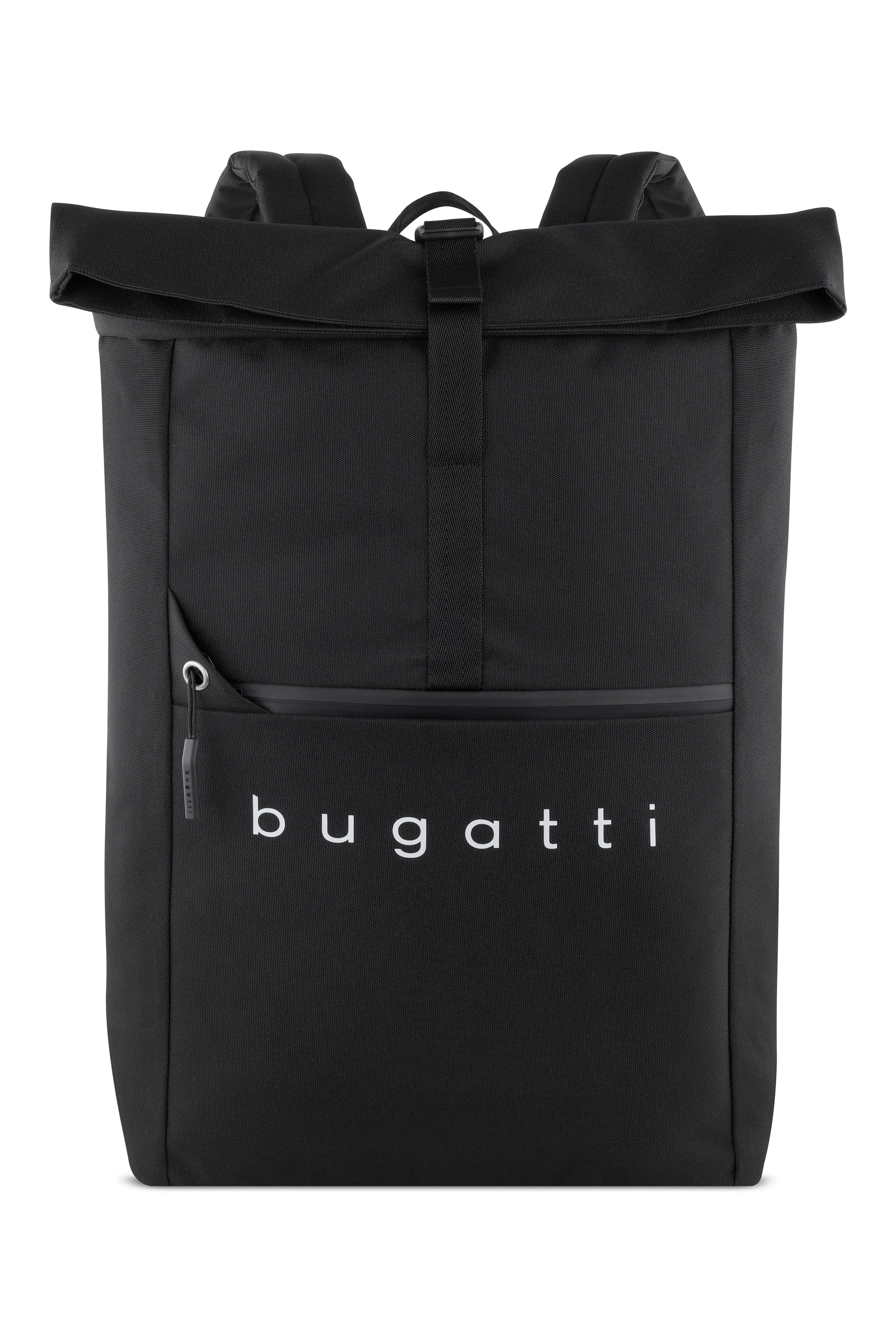 Schwarzer bugatti Rucksack mit Logo, minimalistisches Design, Detailaufnahme.