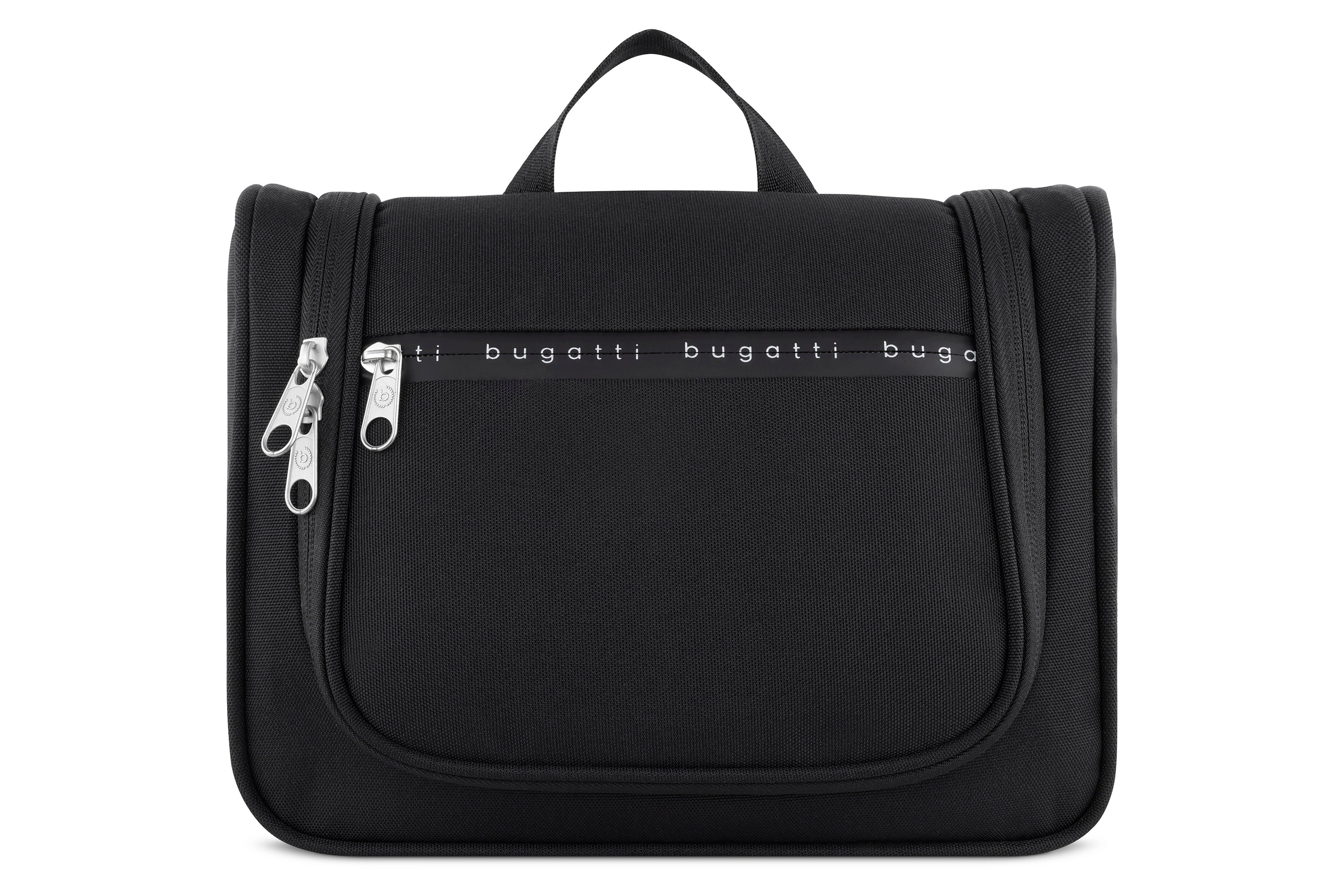 Schwarze bugatti Kulturtasche mit Reißverschluss und Logo-Detail, Büstenbild.