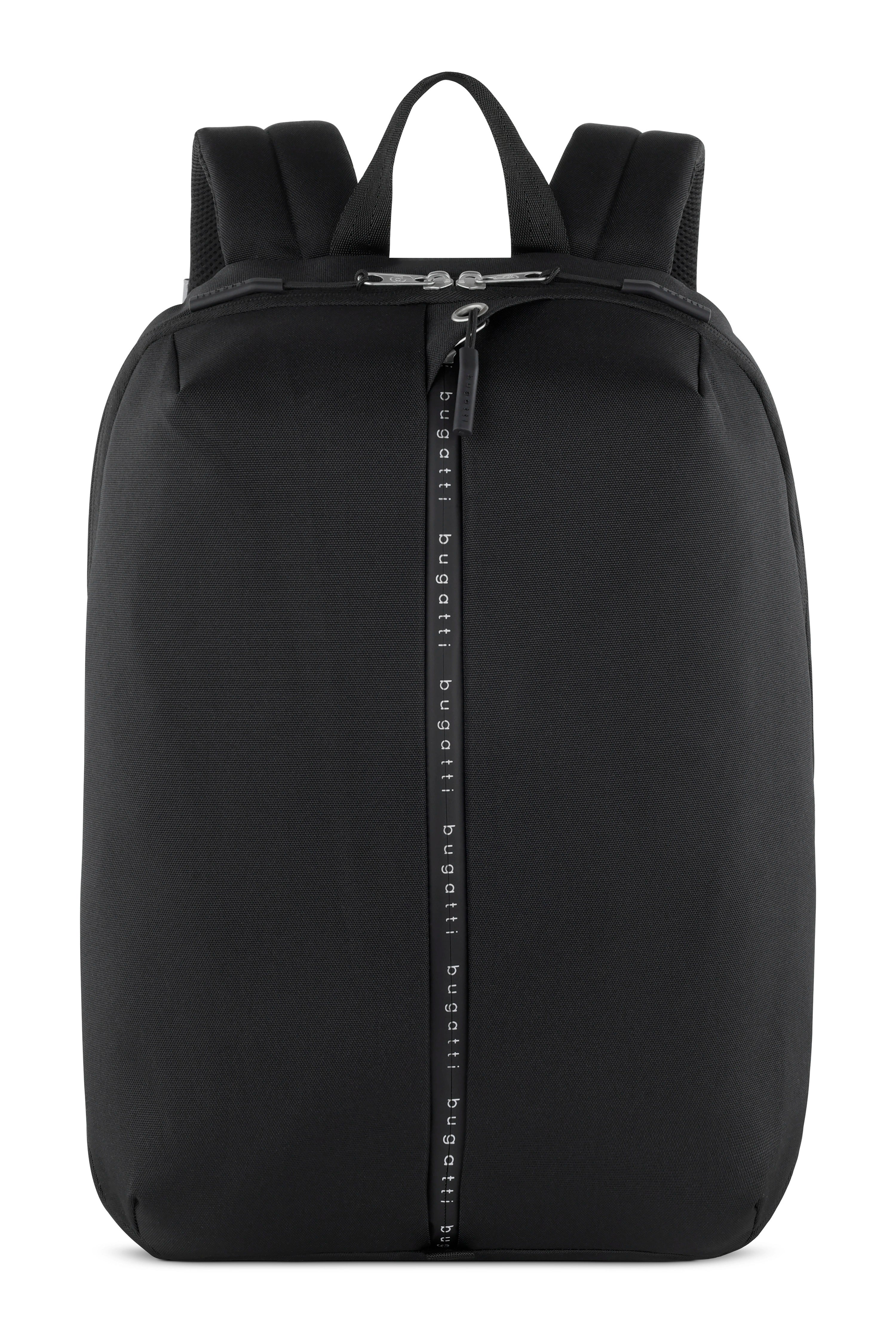 Schwarzer bugatti Rucksack, schlichtes Design, Frontansicht.