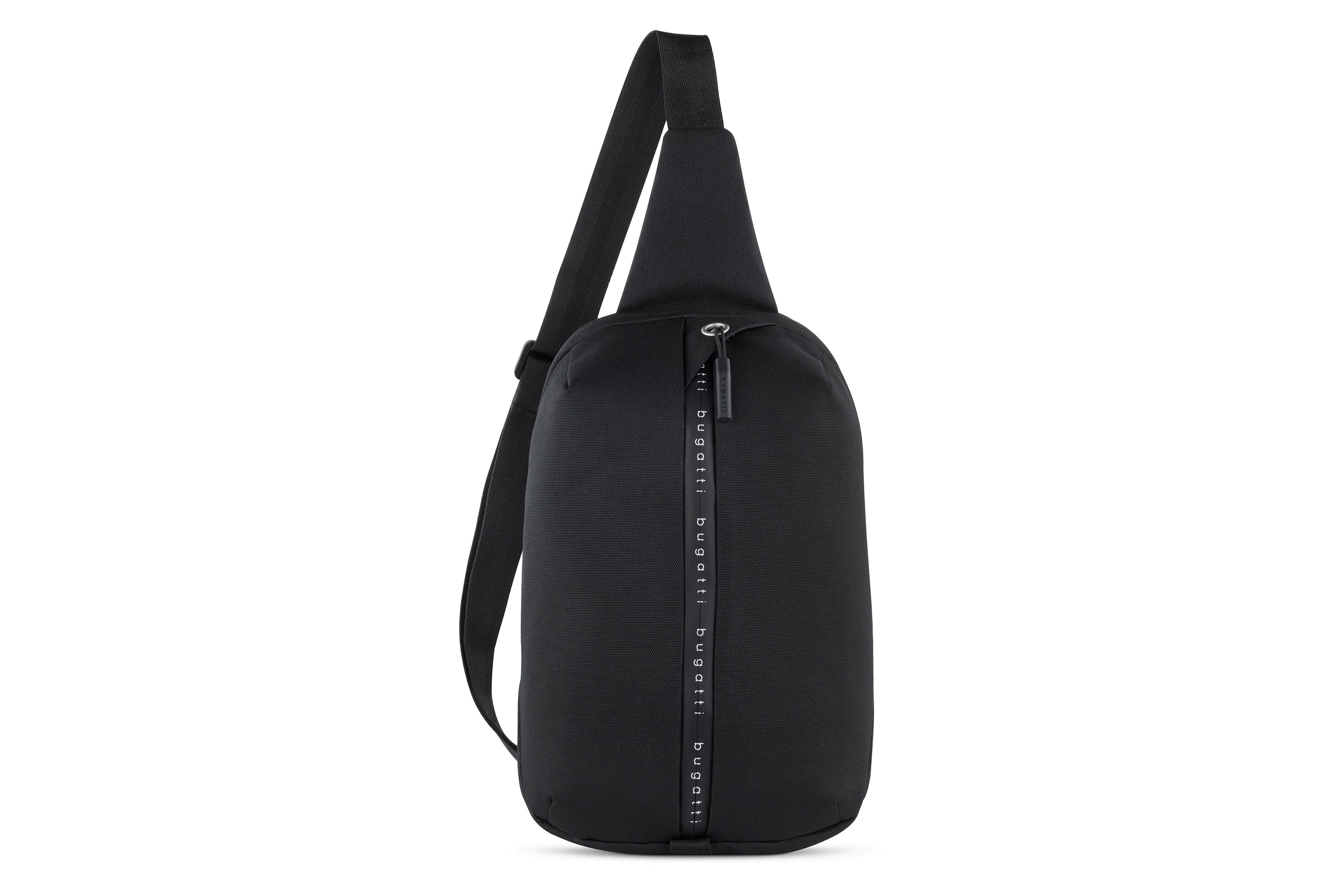 Schwarze bugatti Umhängetasche mit Reißverschlussdetail, schlichtes Design, Produktabbildung.