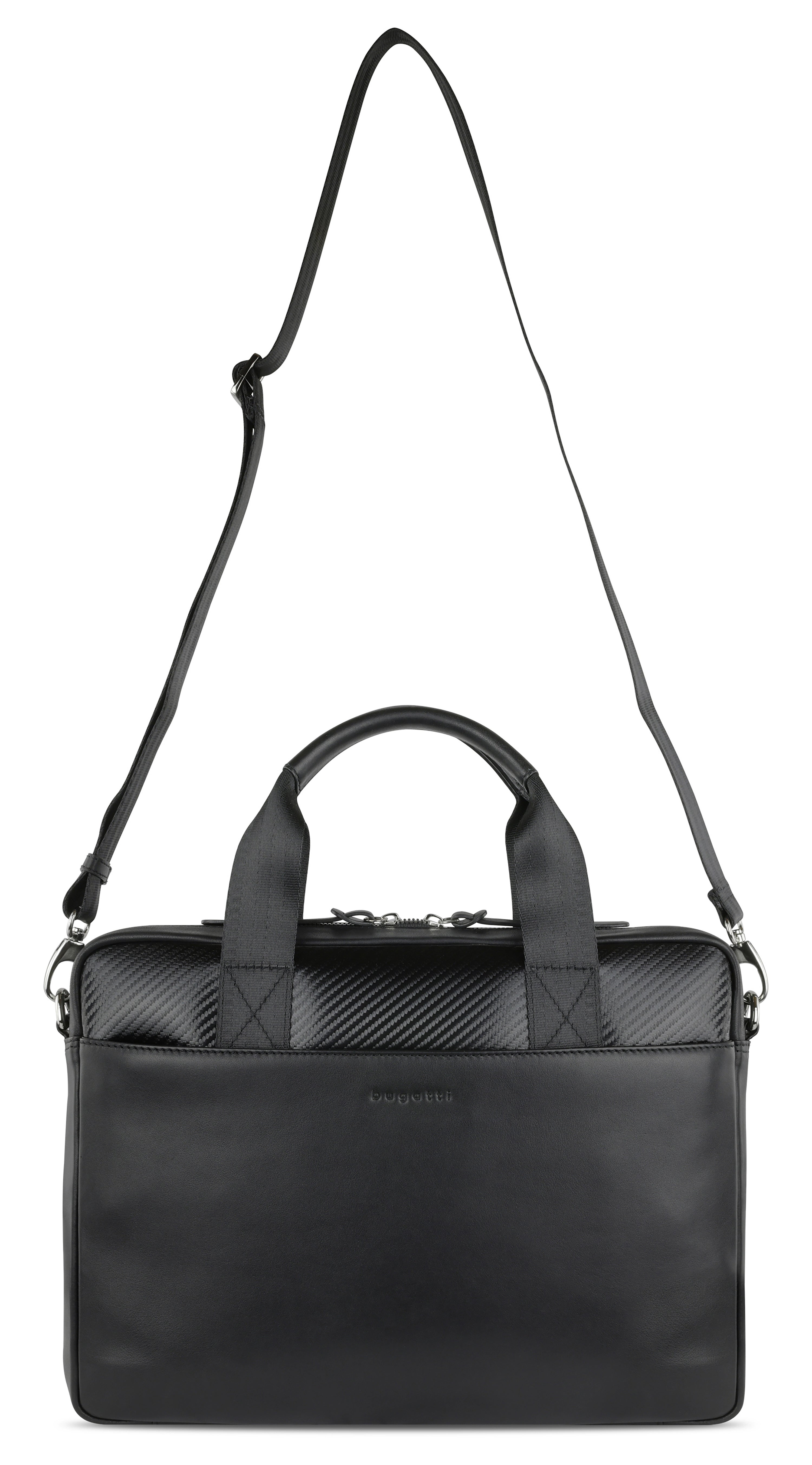 Schwarze bugatti Ledertasche mit strukturiertem Muster, elegantes Design, Büstenbild.