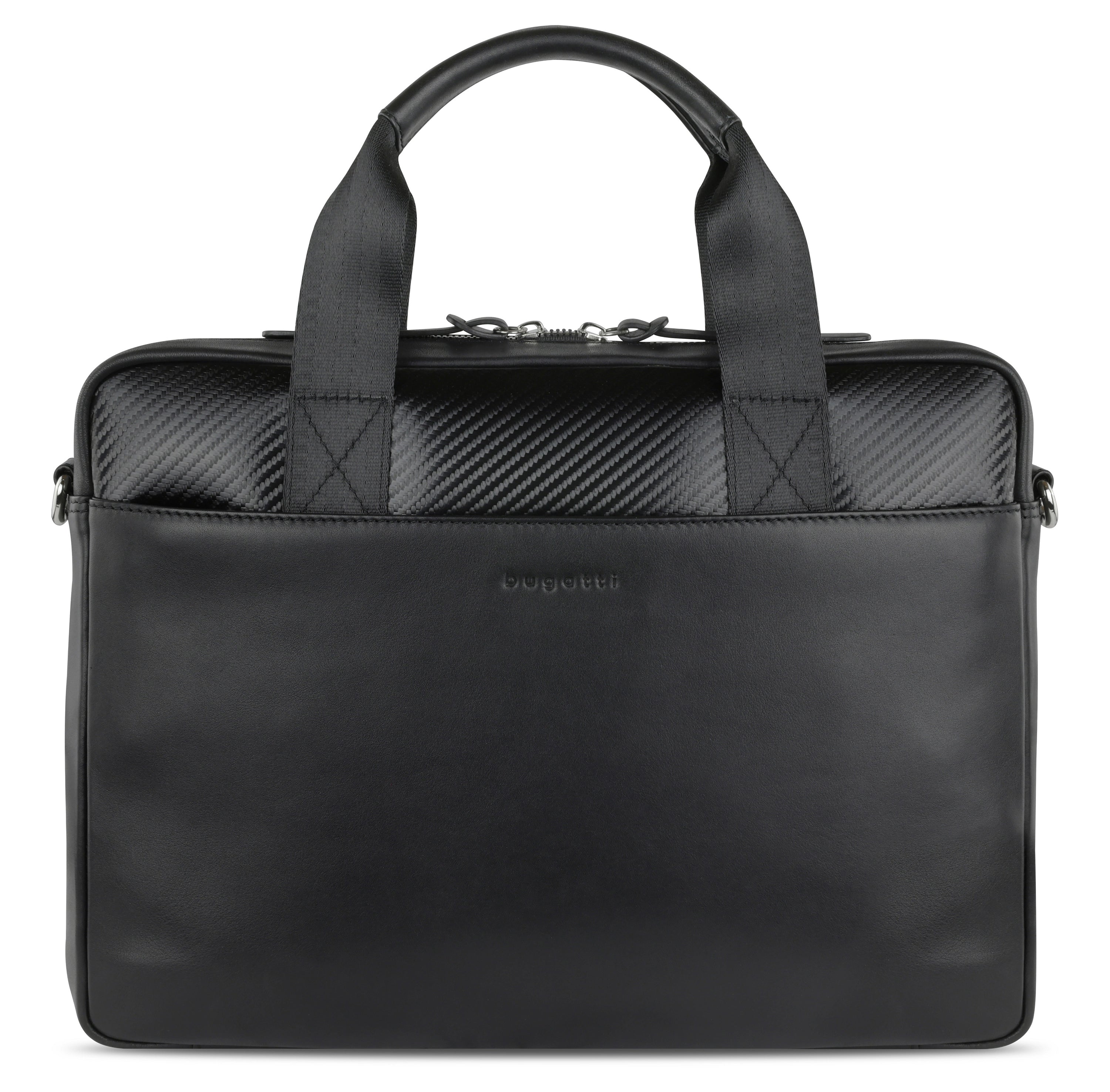 bugatti schwarze Aktentasche aus Leder mit Karbon-Design, Büstenbild.