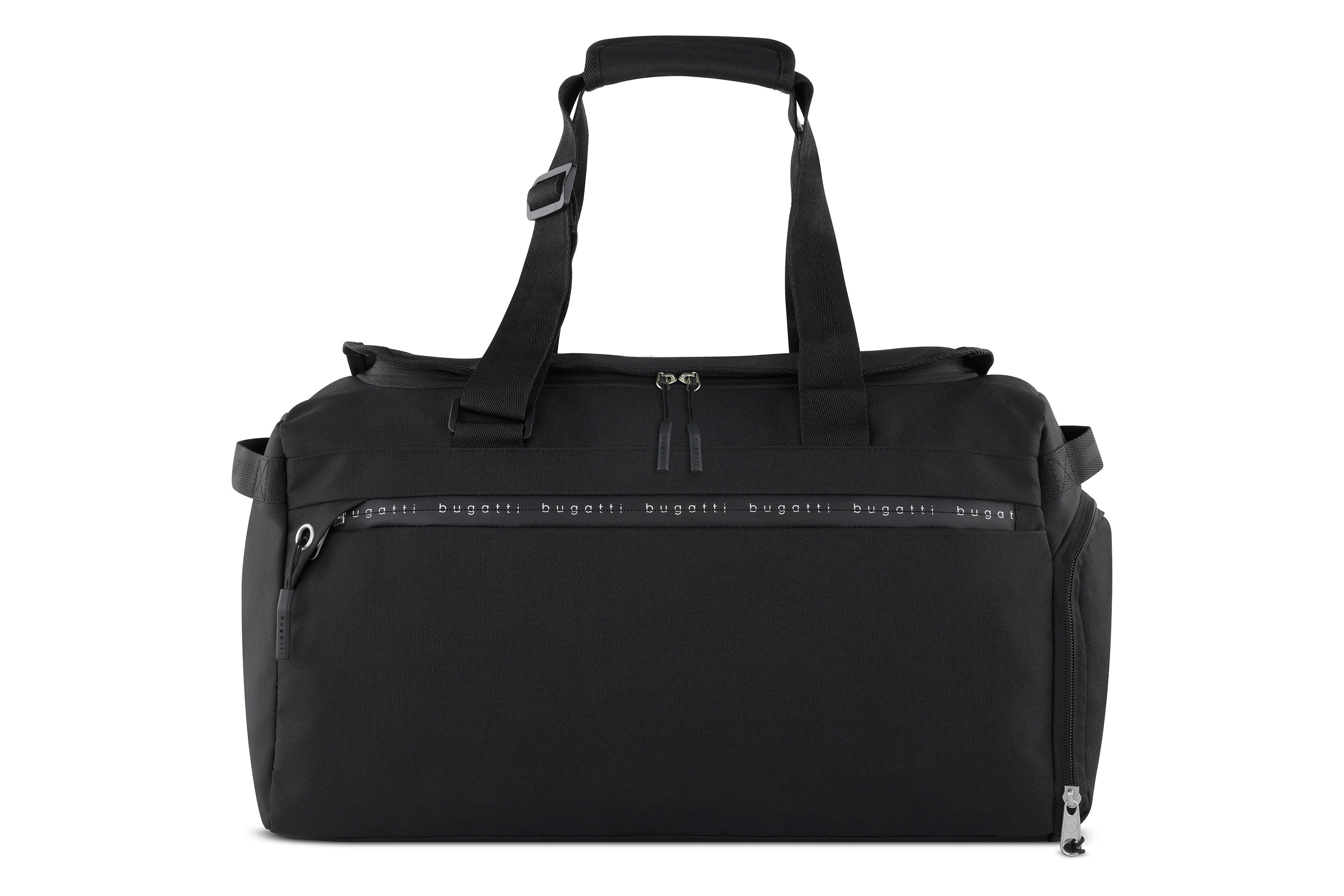 Sportliche, schwarze bugatti Reisetasche mit Logo, robust und stilvoll. Ideal für Freizeit und Reisen.