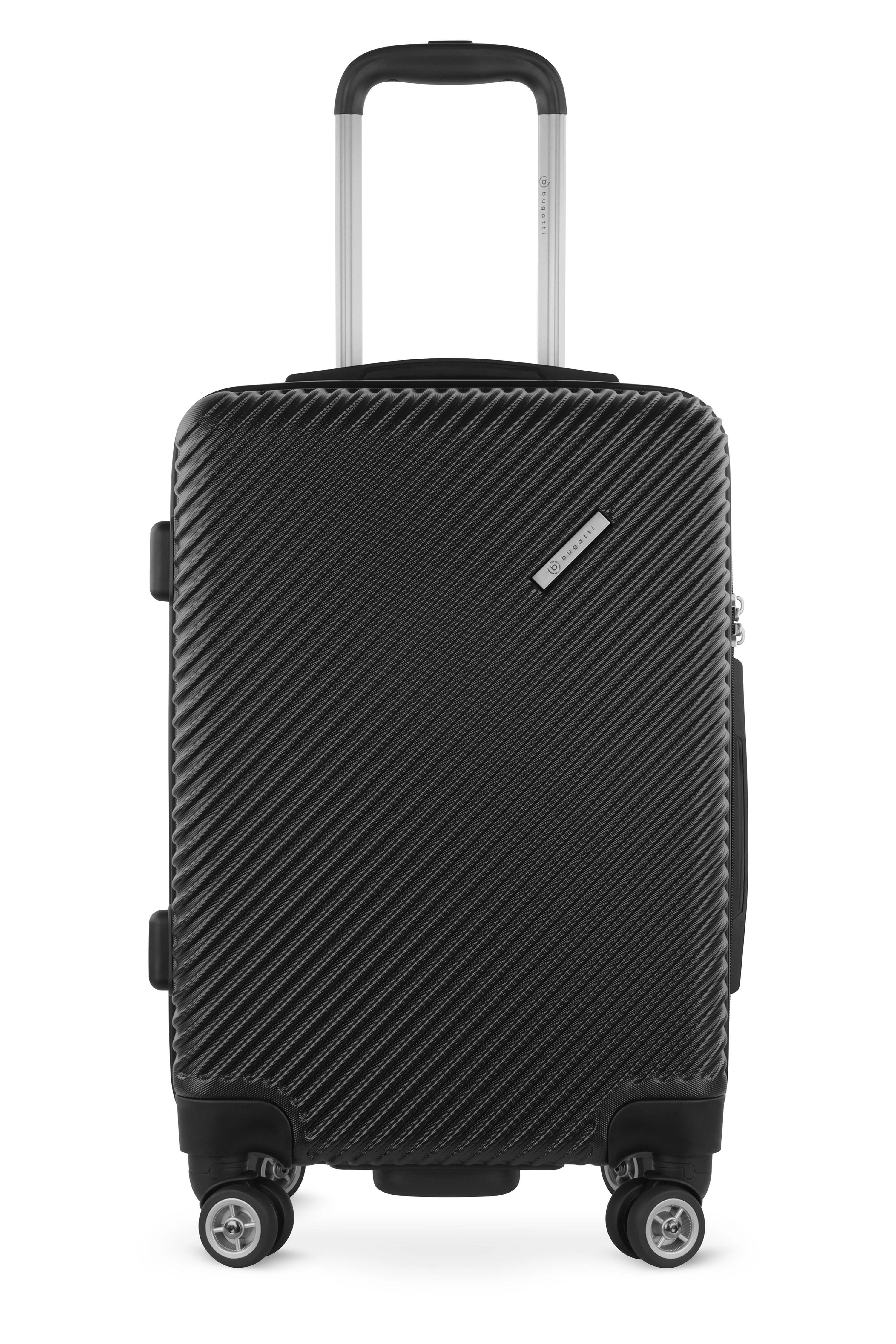 Schwarzer bugatti Koffer in elegantem, strukturiertem Design mit Rollen und Teleskopgriff.