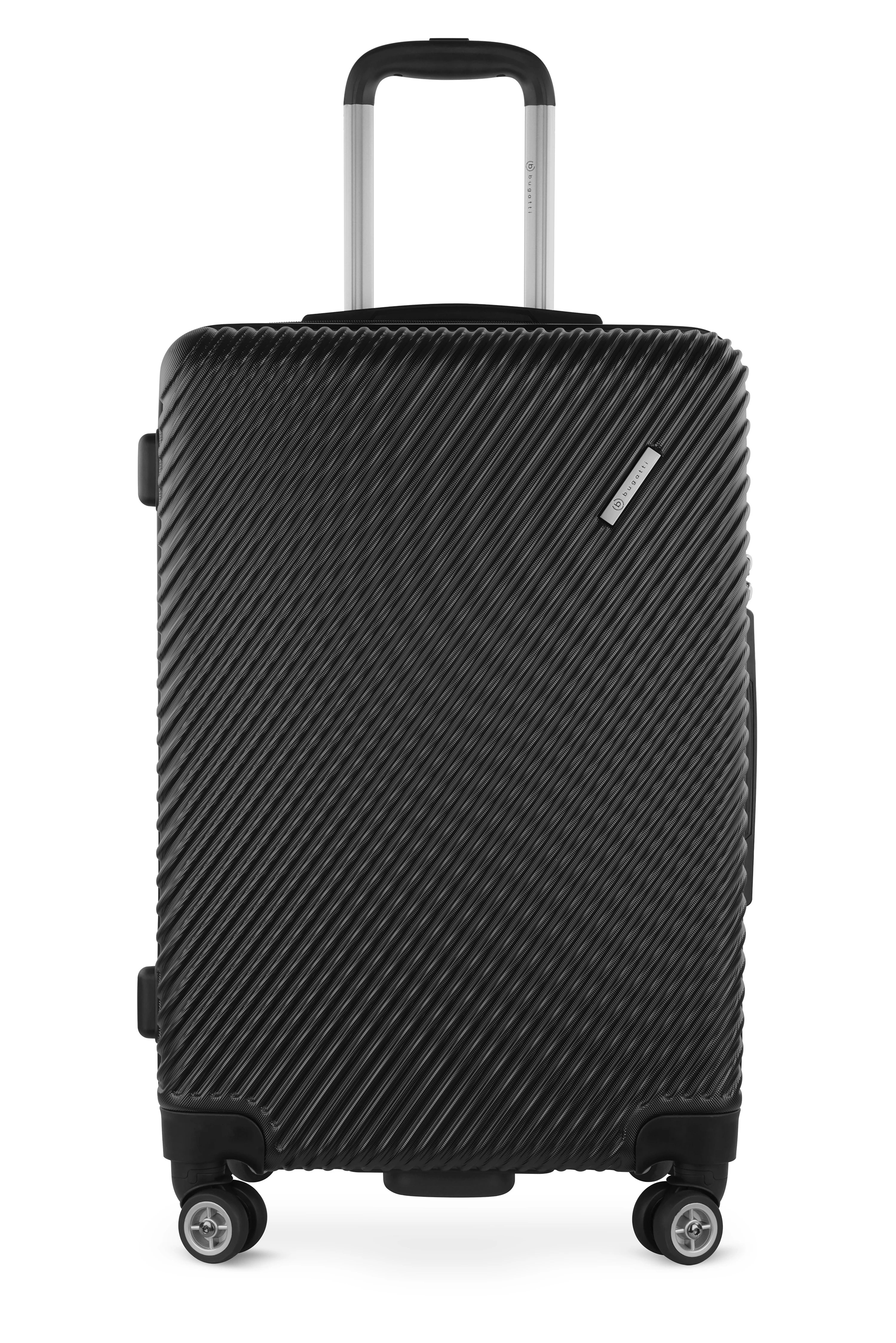 Schwarzer bugatti Koffer mit diagonalen Streifen, robuste Rollen, modernes Design, hochwertig und stilvoll.