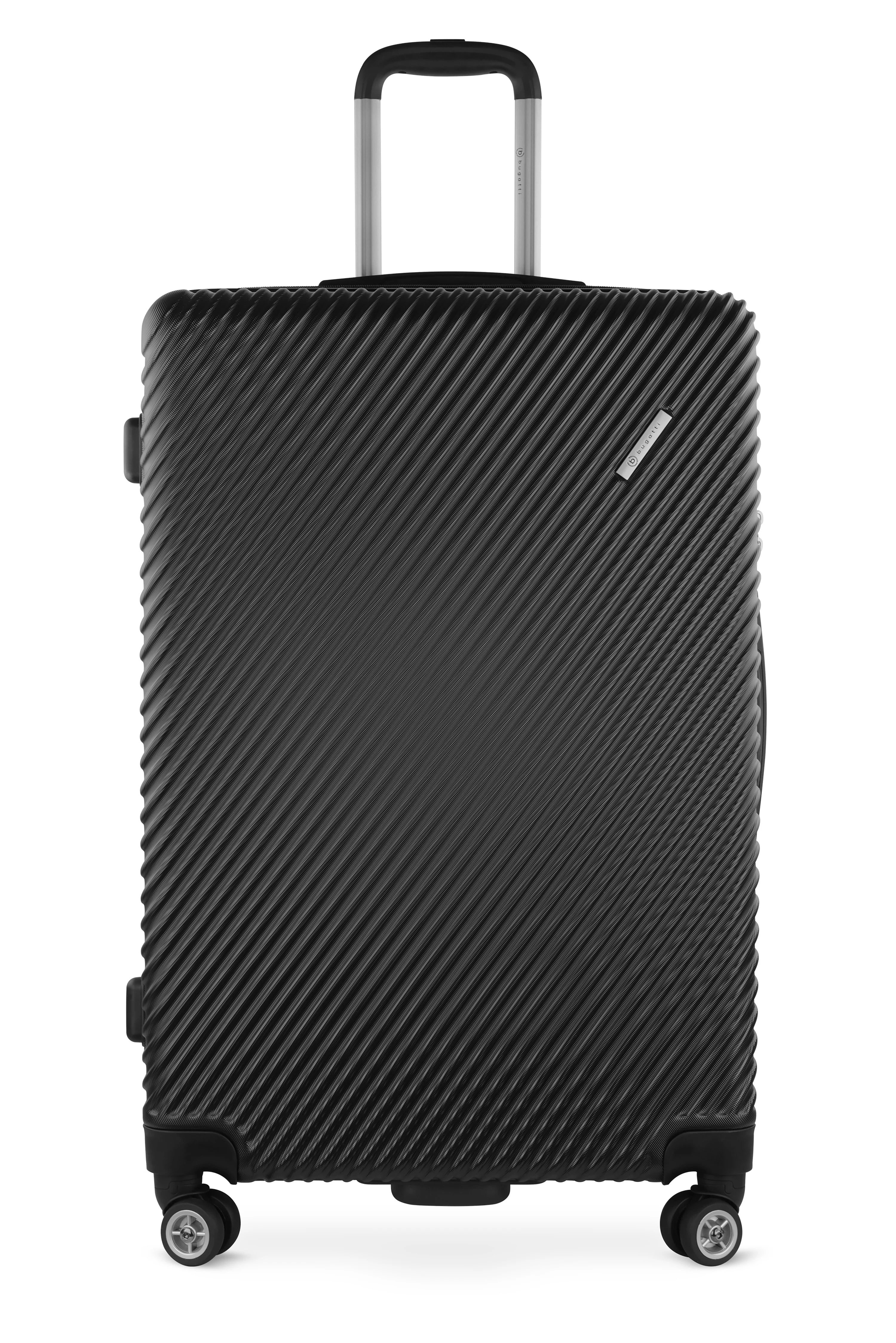 Schwarzer bugatti Koffer mit diagonalen Rillen, vier Rollen, silbernem Griff, Produktabbildung.