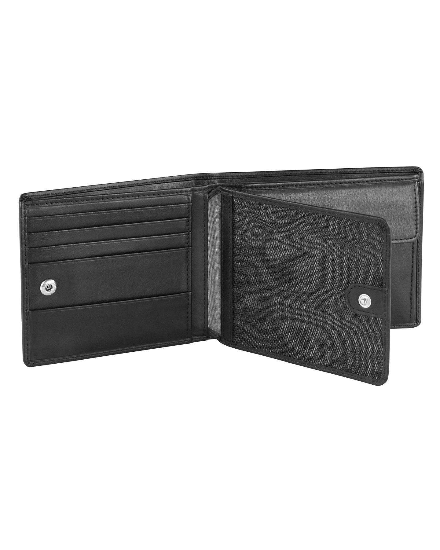 Schwarzes bugatti Portemonnaie, offen mit Kartenfächern, elegantes Design, hochwertiges Material.