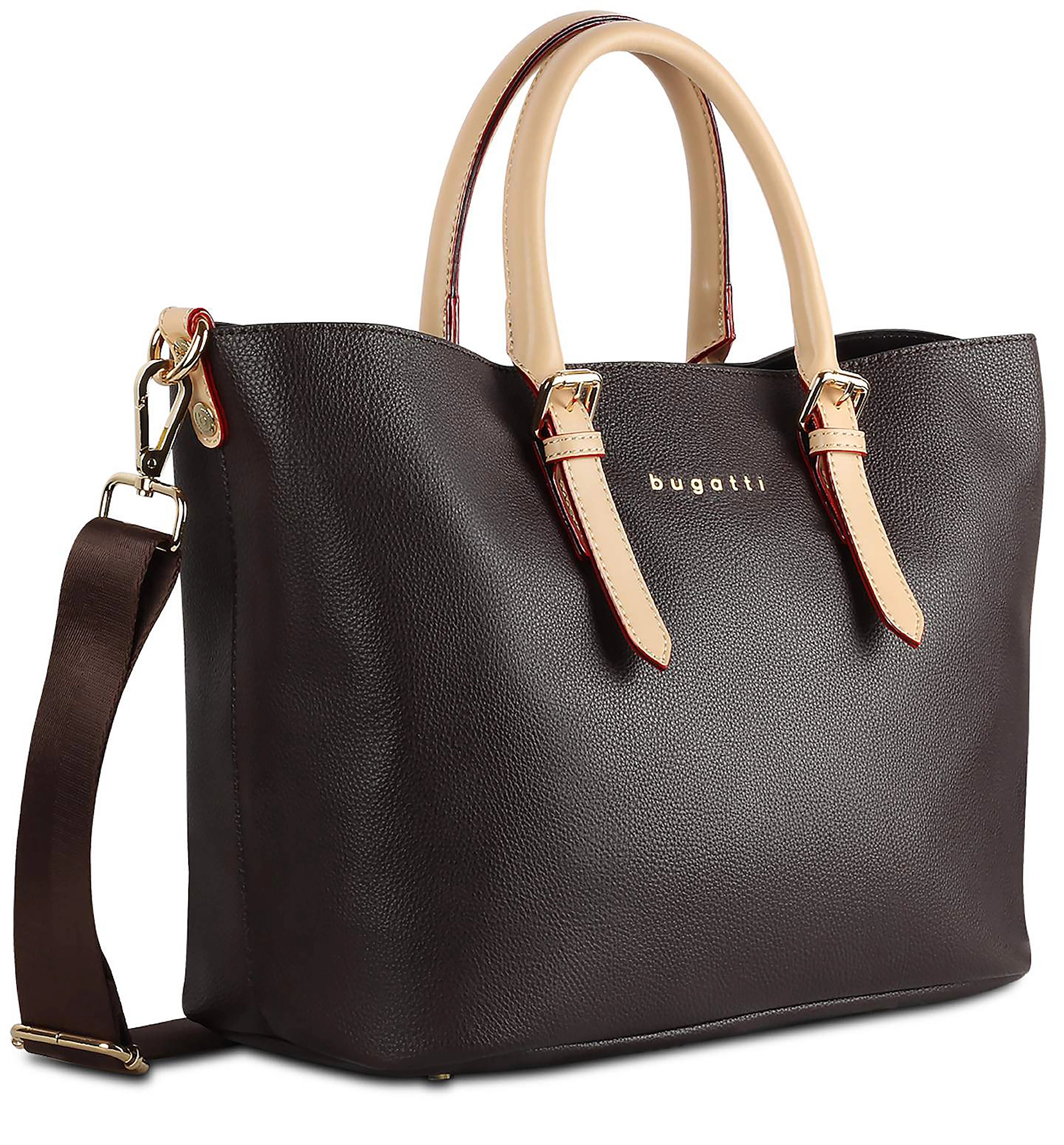 bugatti bruine leren tas met beige handvatten, afneembare riem, elegant ontwerp.