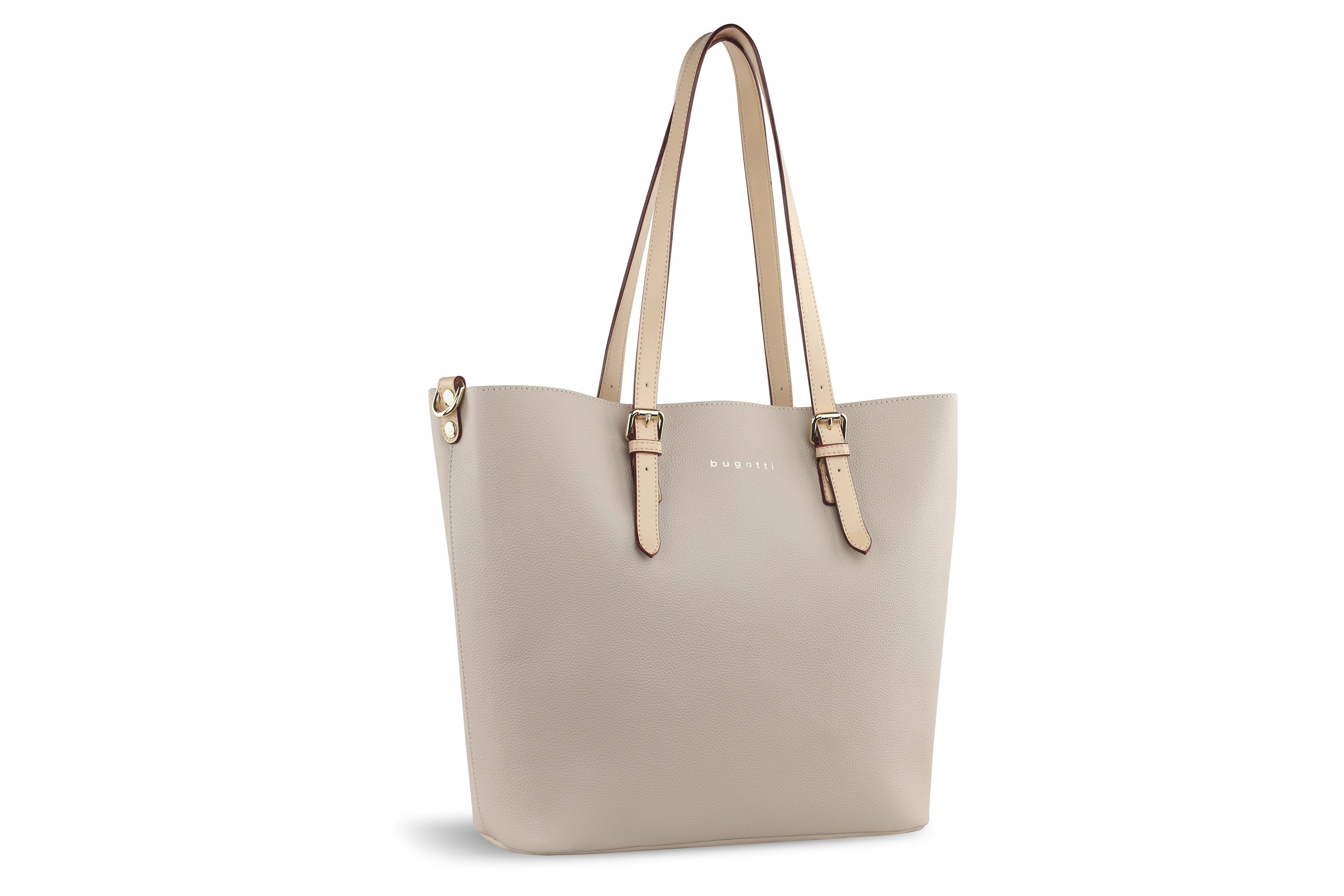 Beige bugatti Handtasche mit goldenen Schnallen, schlichtes Design, Büstenbild.