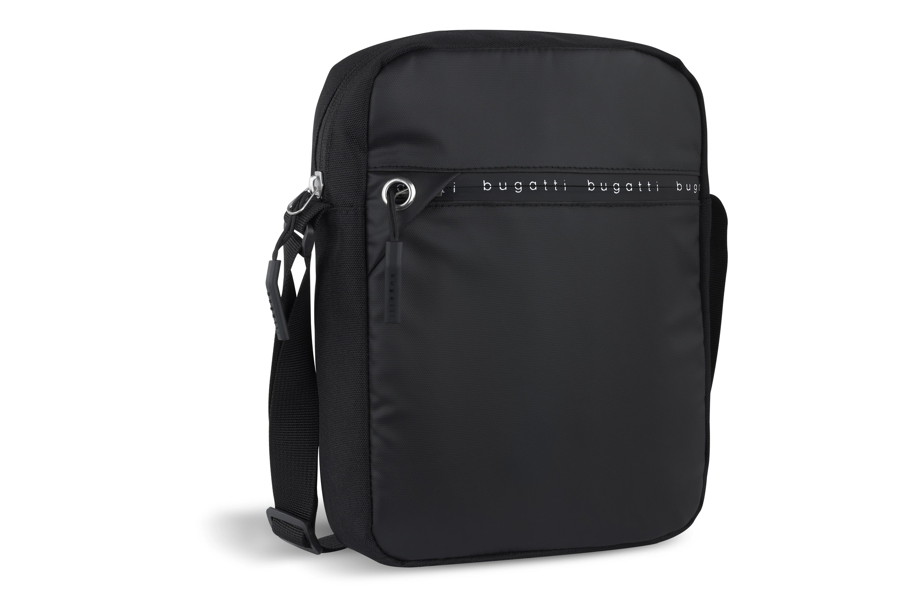 Black bugatti crossbody bag with logo details, casual studio shot.