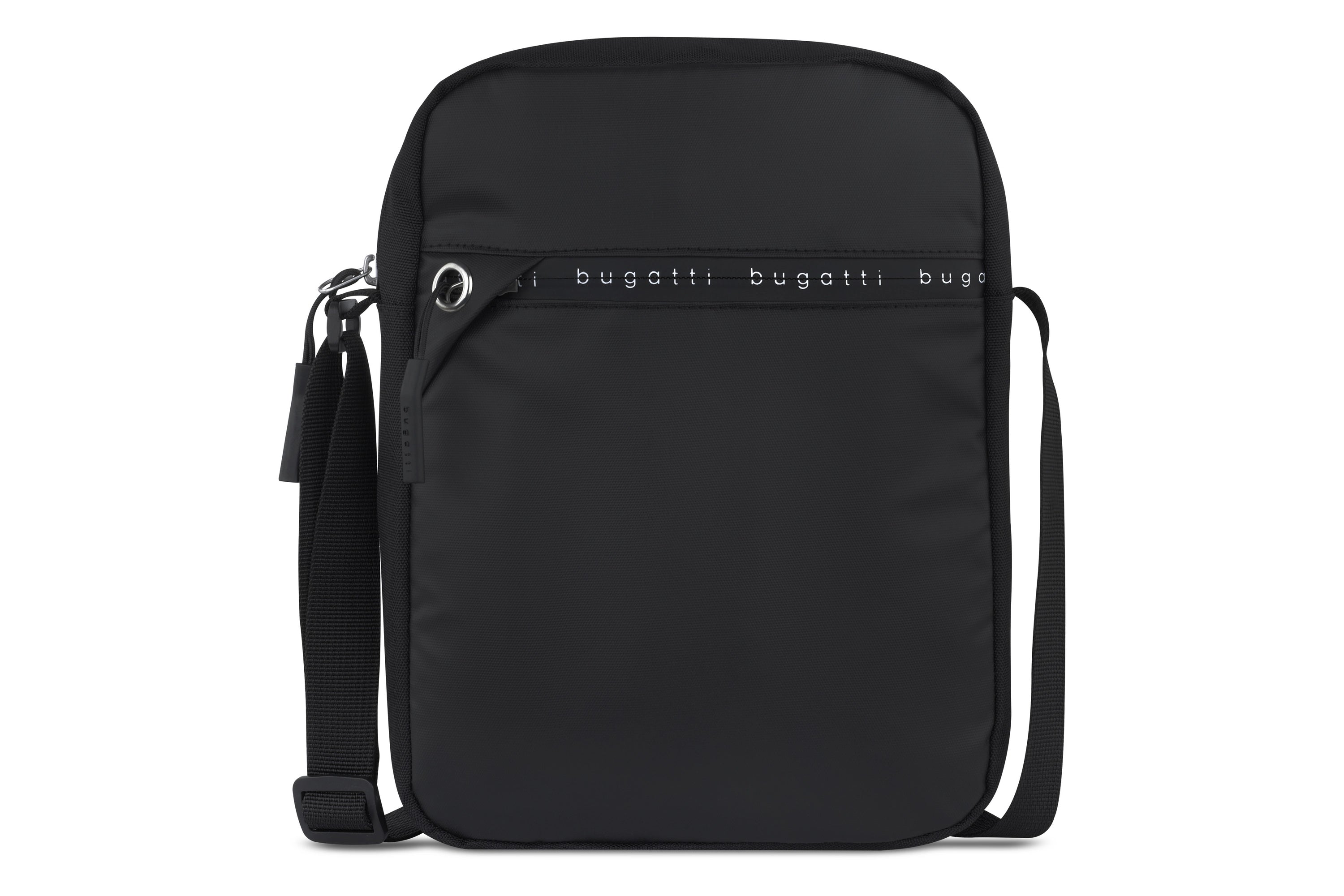 Black bugatti crossbody bag with logo, sporty-elegant design, high-quality craftsmanship.