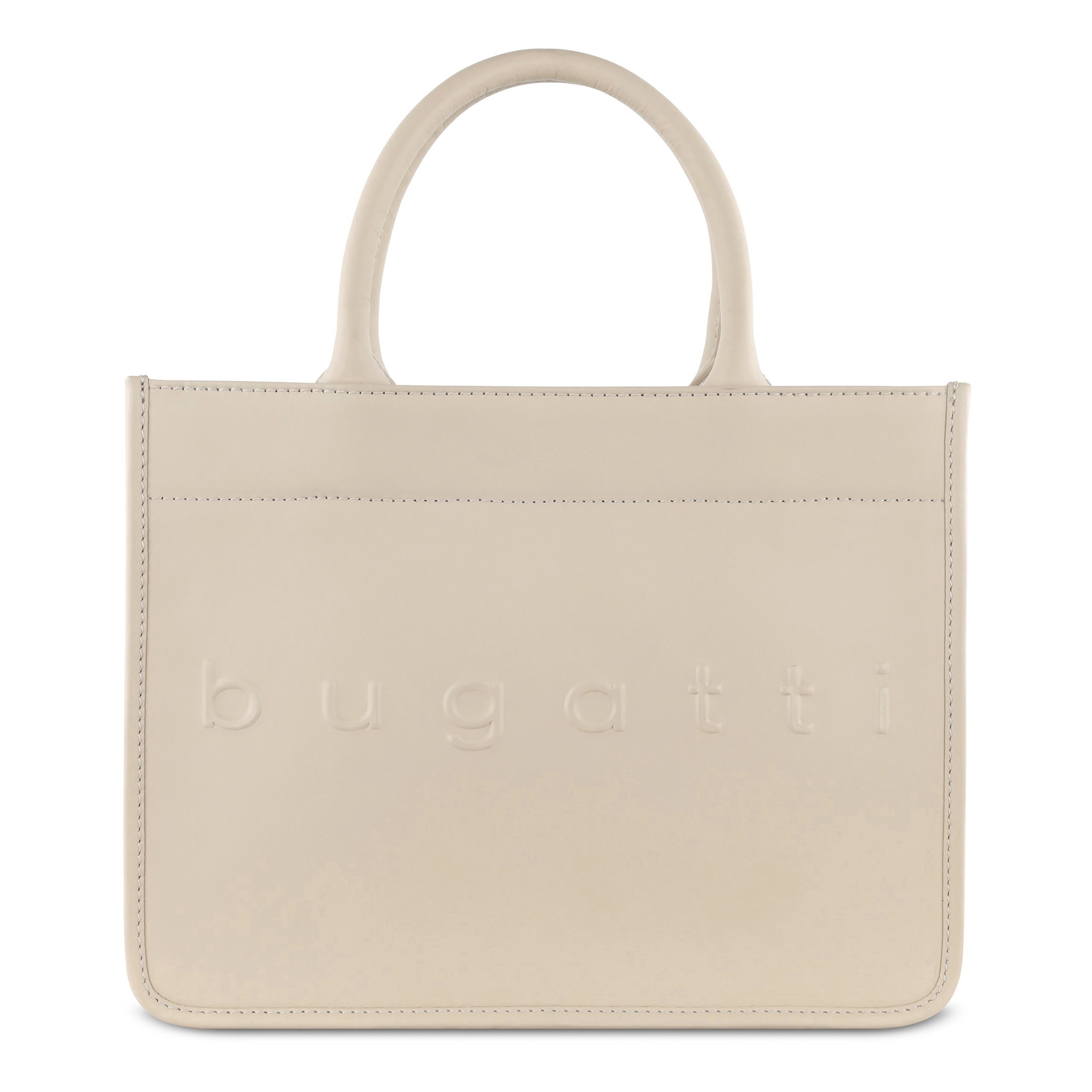 Beige bugatti handtas, eenvoudig ontwerp, hoogwaardige materialen, busteweergave.