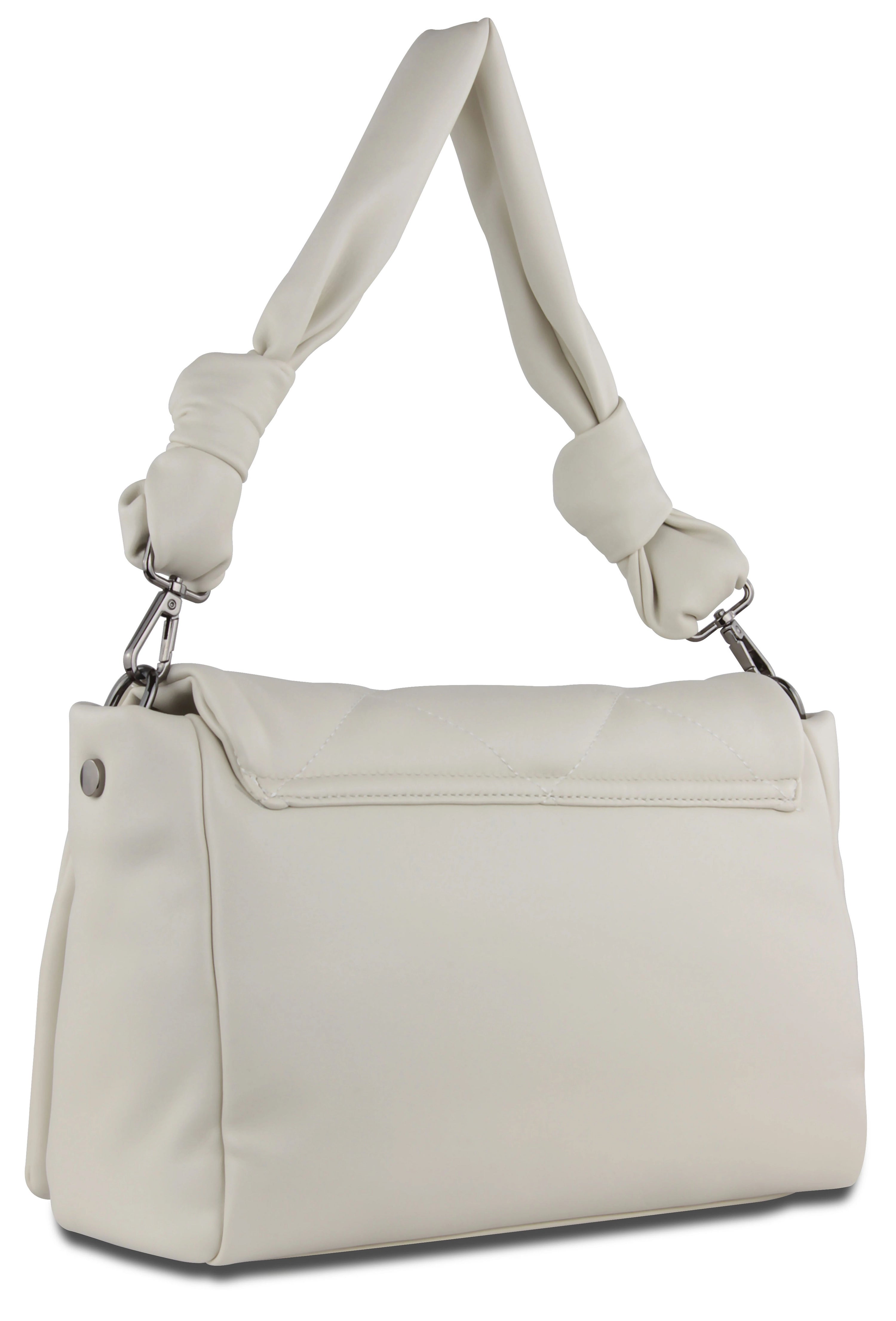 bugatti cream white bag with knotted strap, bust view, simple design.